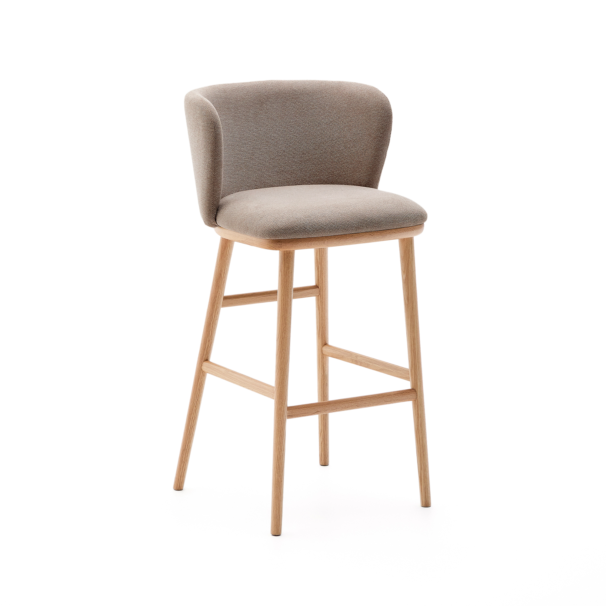 KAVE HOME Ciselia barstol, m. ryglæn og fodstøtte - brun chenille og natur asketræ (H:75cm)