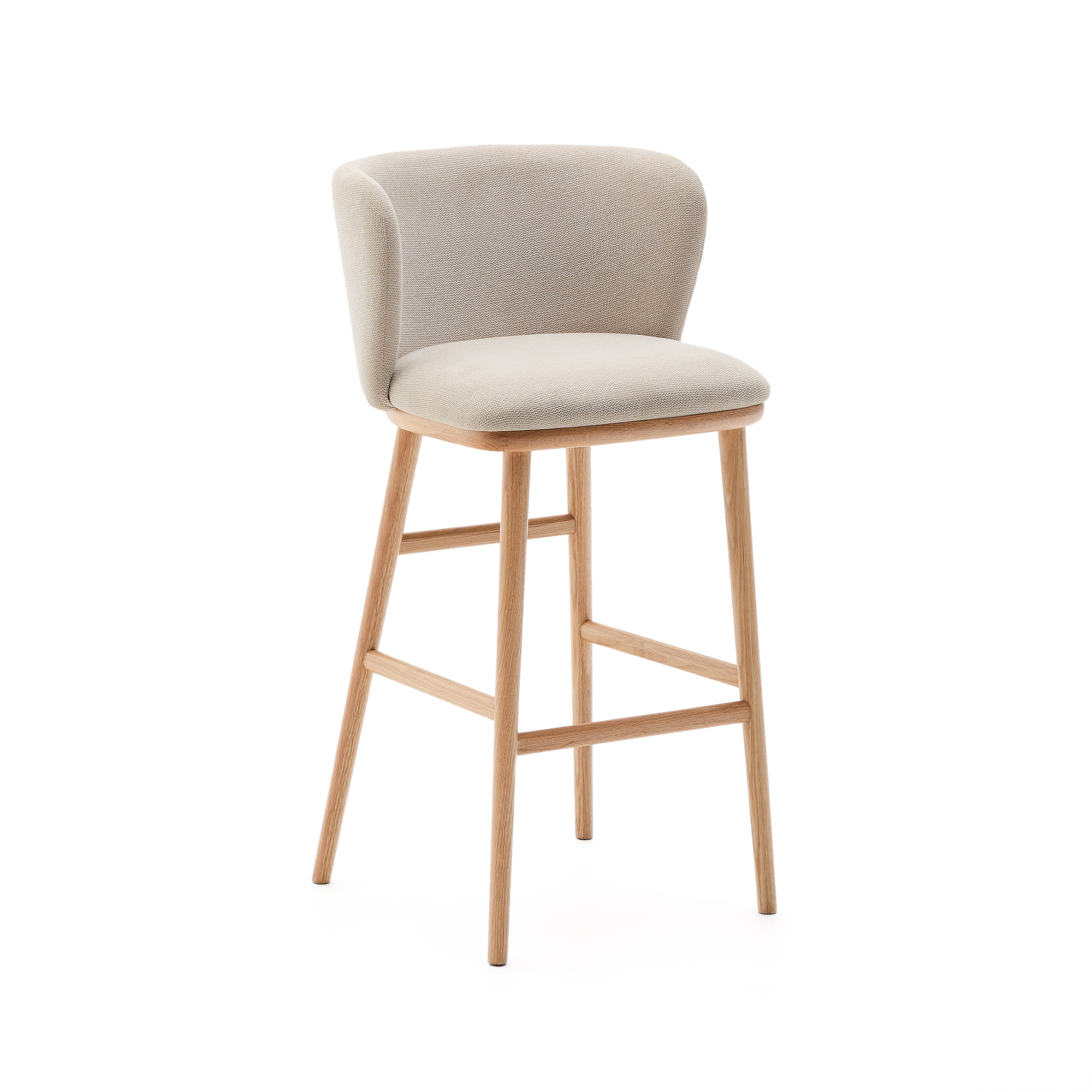 KAVE HOME Ciselia barstol, m. ryglæn og fodstøtte - beige chenille og natur asketræ (H:75cm)
