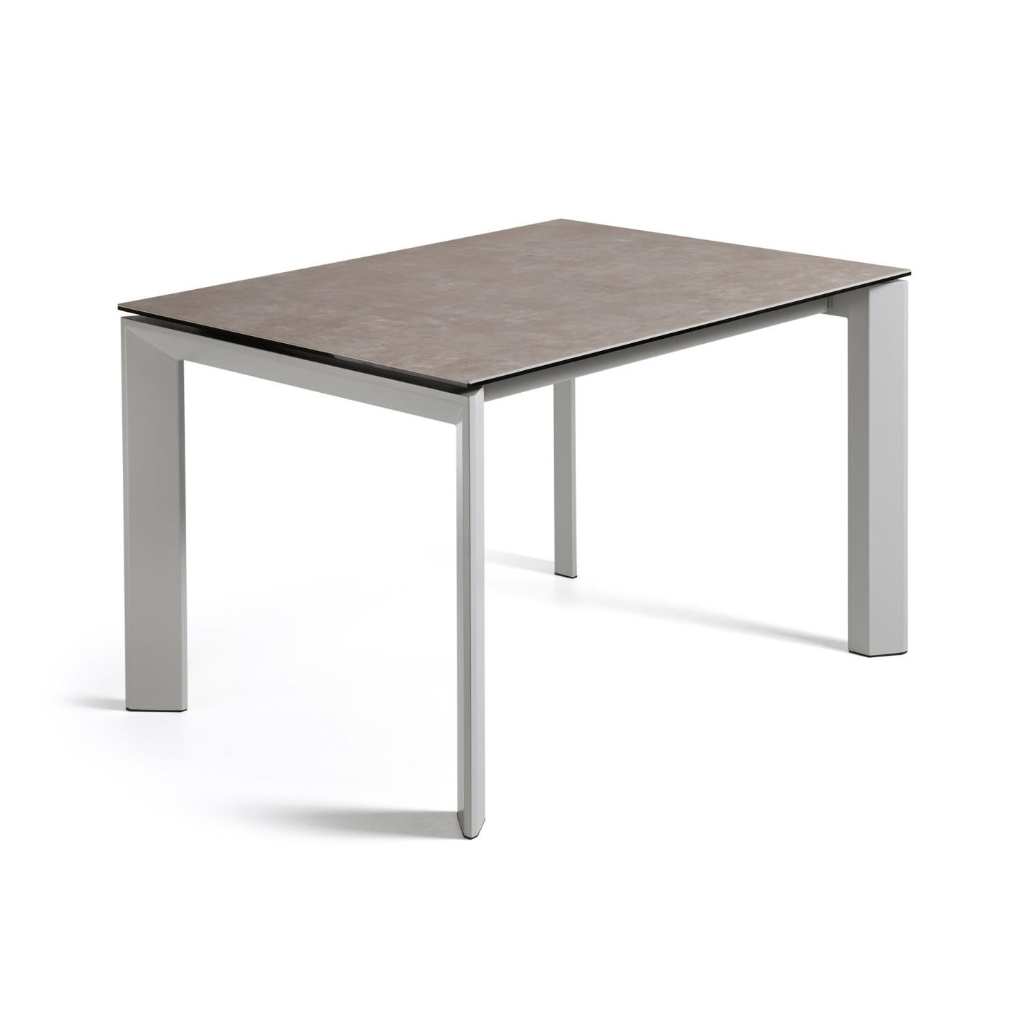 KAVE HOME Axis uttrekkbart keramisk bord med Vulcano Ceniza-finish og grå stålben 120 (180) cm
