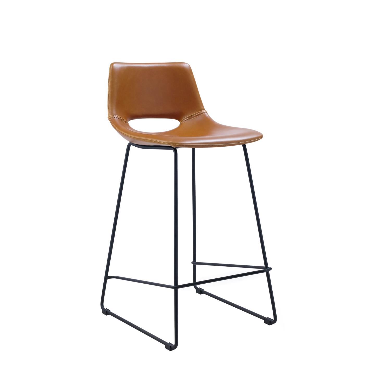 LAFORMA Zahara barstol, m. ryglæn og fodstøtte - brun syntetisk læder og sort stål