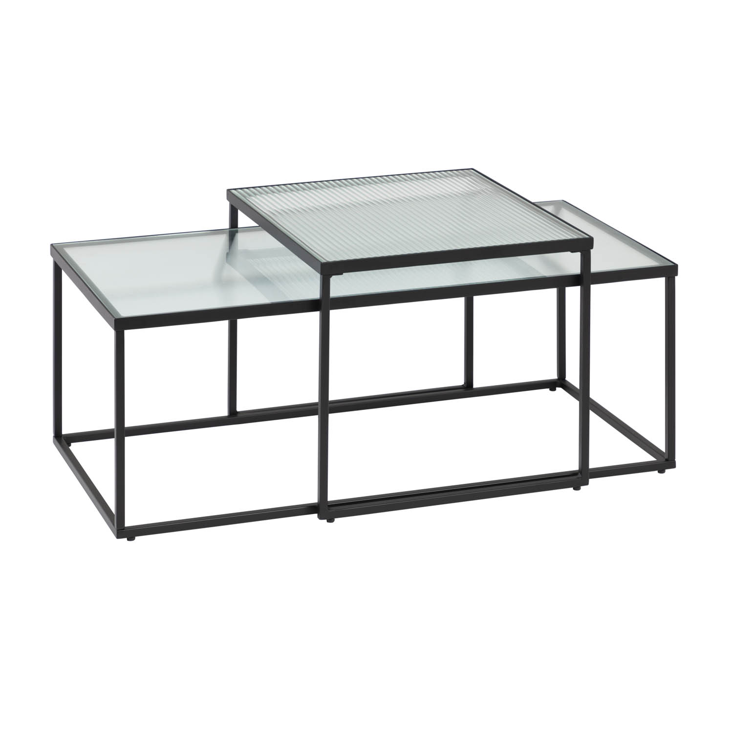 LAFORMA Akemi sofabord, firkantet - sort stål og klar/struktureret glas (sæt m. 2)