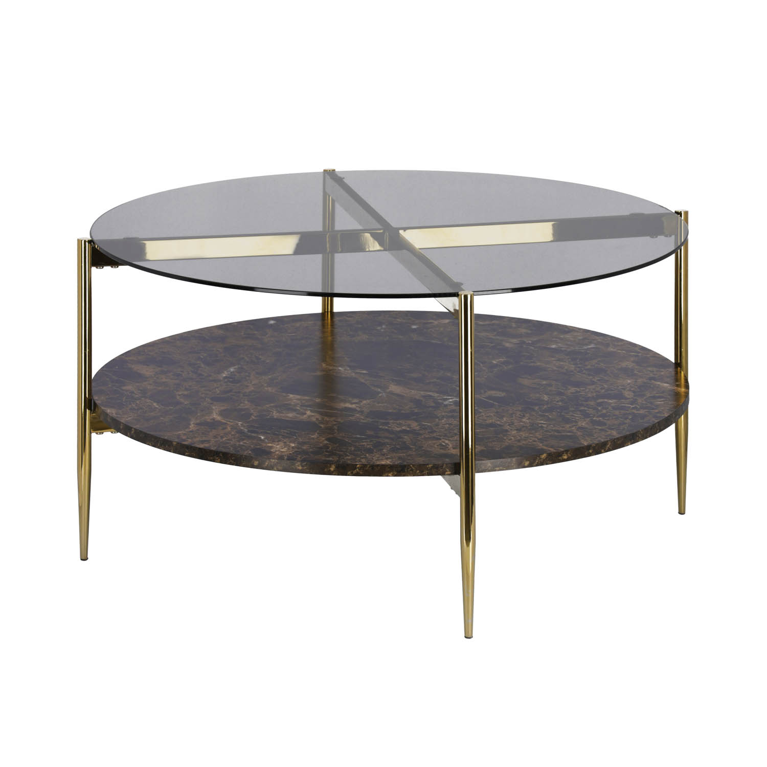 LAFORMA Kamilah sofabord, m. 1 hylde, rund - mørkt glas, marmor look og guld stål (Ø84)