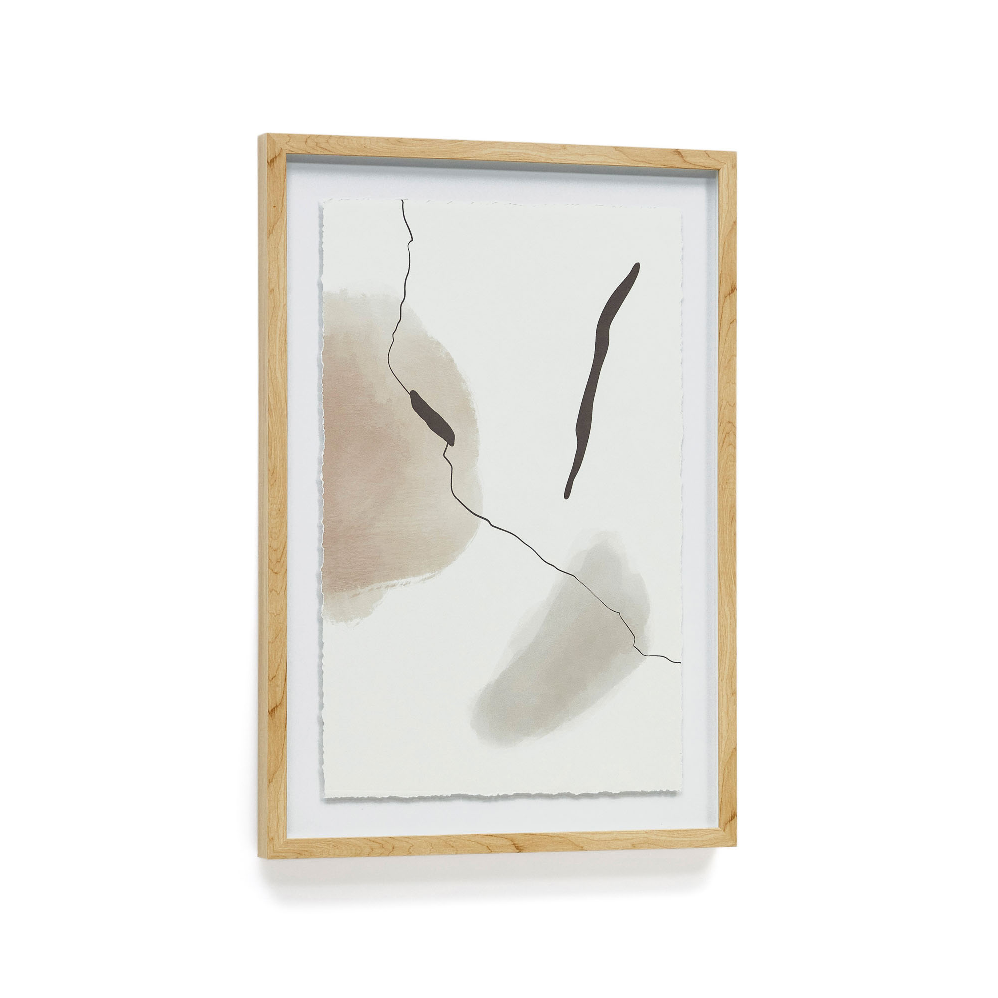 KAVE HOME Torroella abstrakt billede, m. glasramme - hvid, brun, grå med sort stribe papir (50x70)