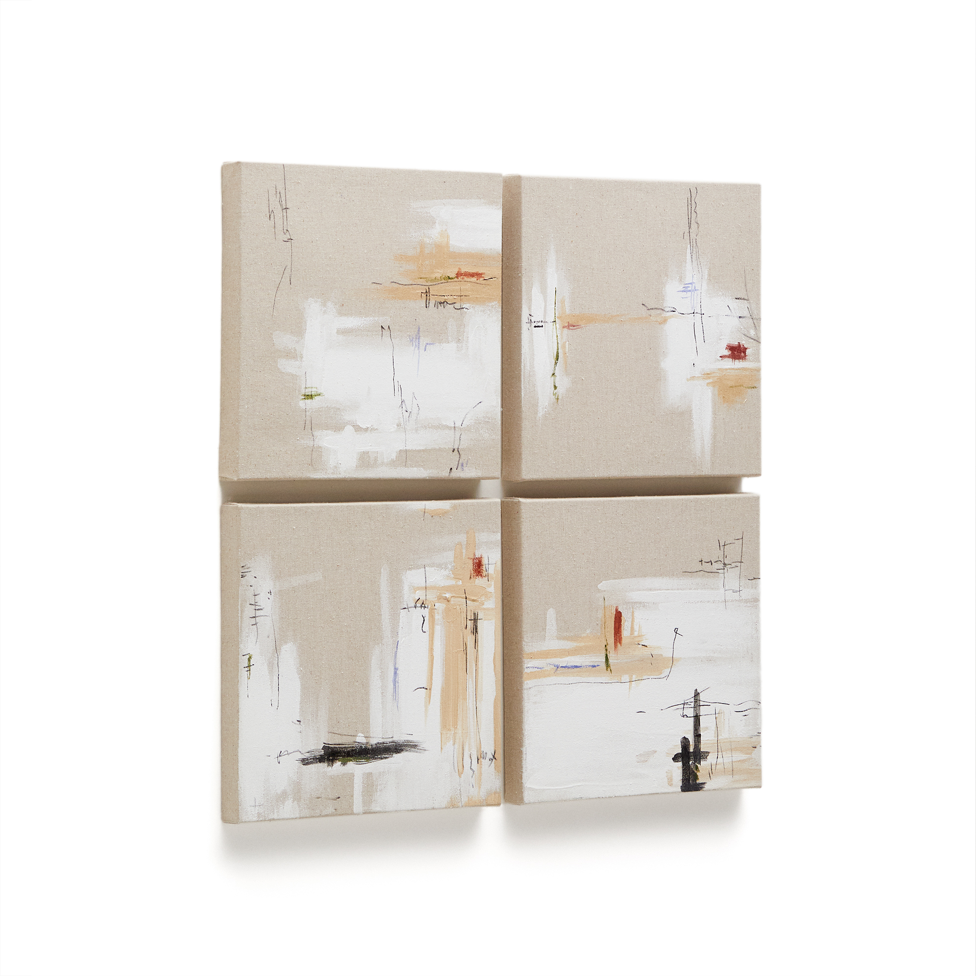 KAVE HOME Selnir maleri, kvadratisk - hvid og beige hør (30x30) (sæt med 4)