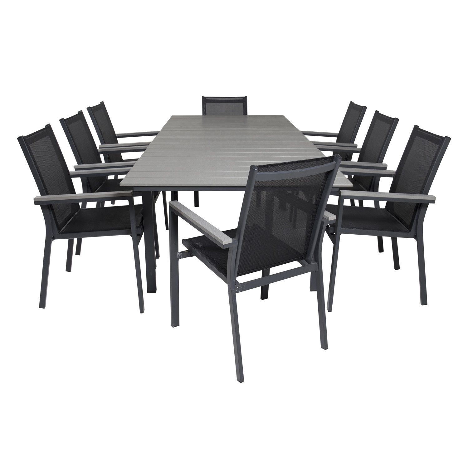 VENTURE DESIGN havesæt m Levels bord m udtræk + 8 Parma stole m armlæn – grå aintwood/sort textilene VENTURE DESIGN havesæt m Levels bord m udtræk + 8 Parma stole m armlæn – grå aintwood/sort textilene