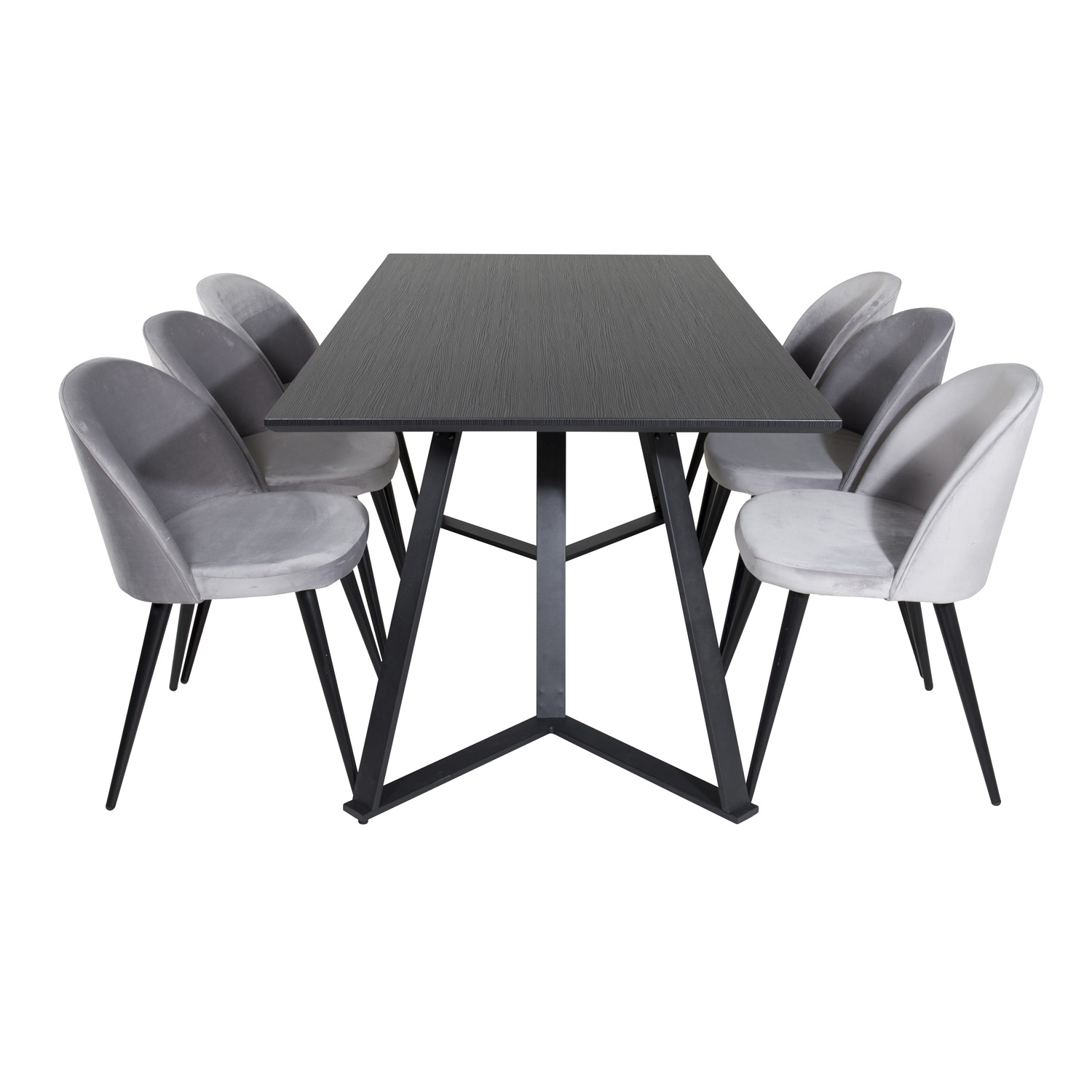 VENTURE DESIGN Marina spisebordssæt, m. 6 stole - sort finer/sort metal og lysegrå fløjl/sort metal