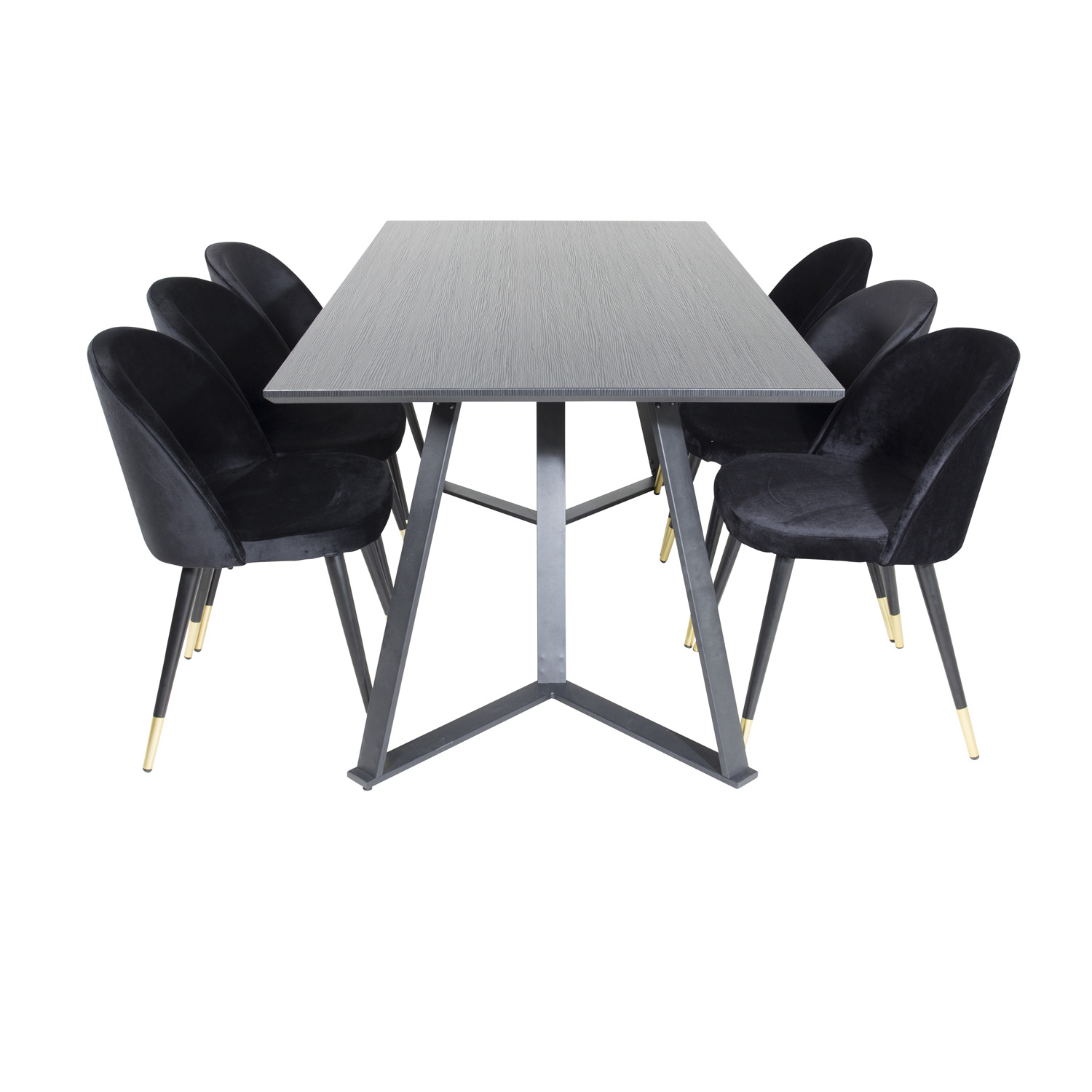 Billede af VENTURE DESIGN Marina spisebordssæt, m. 6 stole - sort finer/sort metal og sort fløjl/sort metal