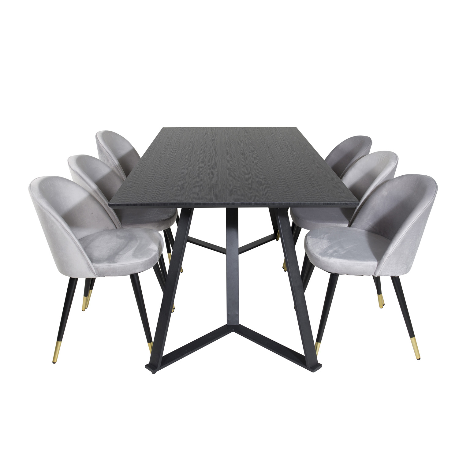VENTURE DESIGN Marina spisebordssæt, m. 6 stole - sort finer/sort metal og lysegrå fløjl/sort metal