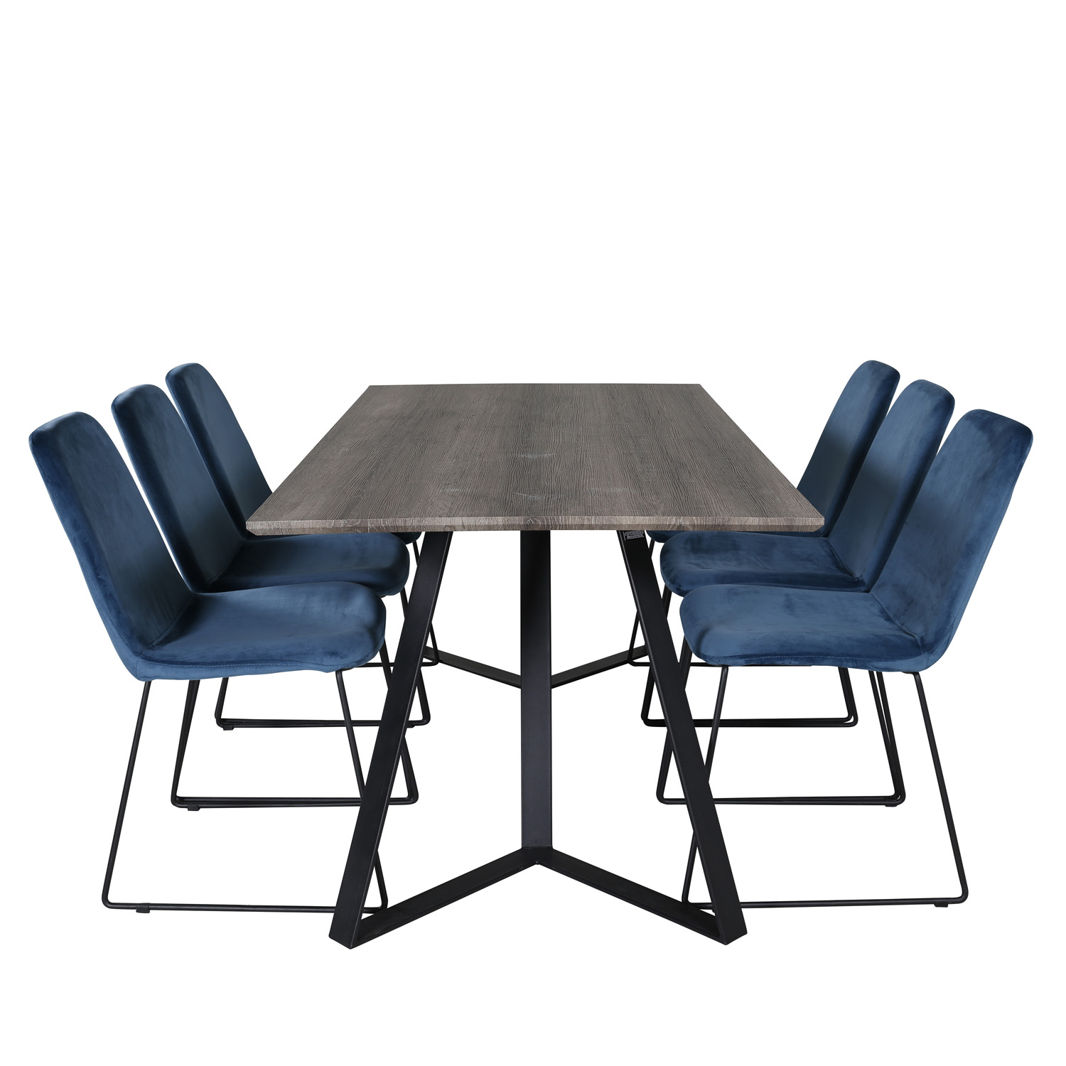 Billede af VENTURE DESIGN Marina spisebordssæt, m. 6 stole - grå finer/sort metal og blå fløjl/sort metal