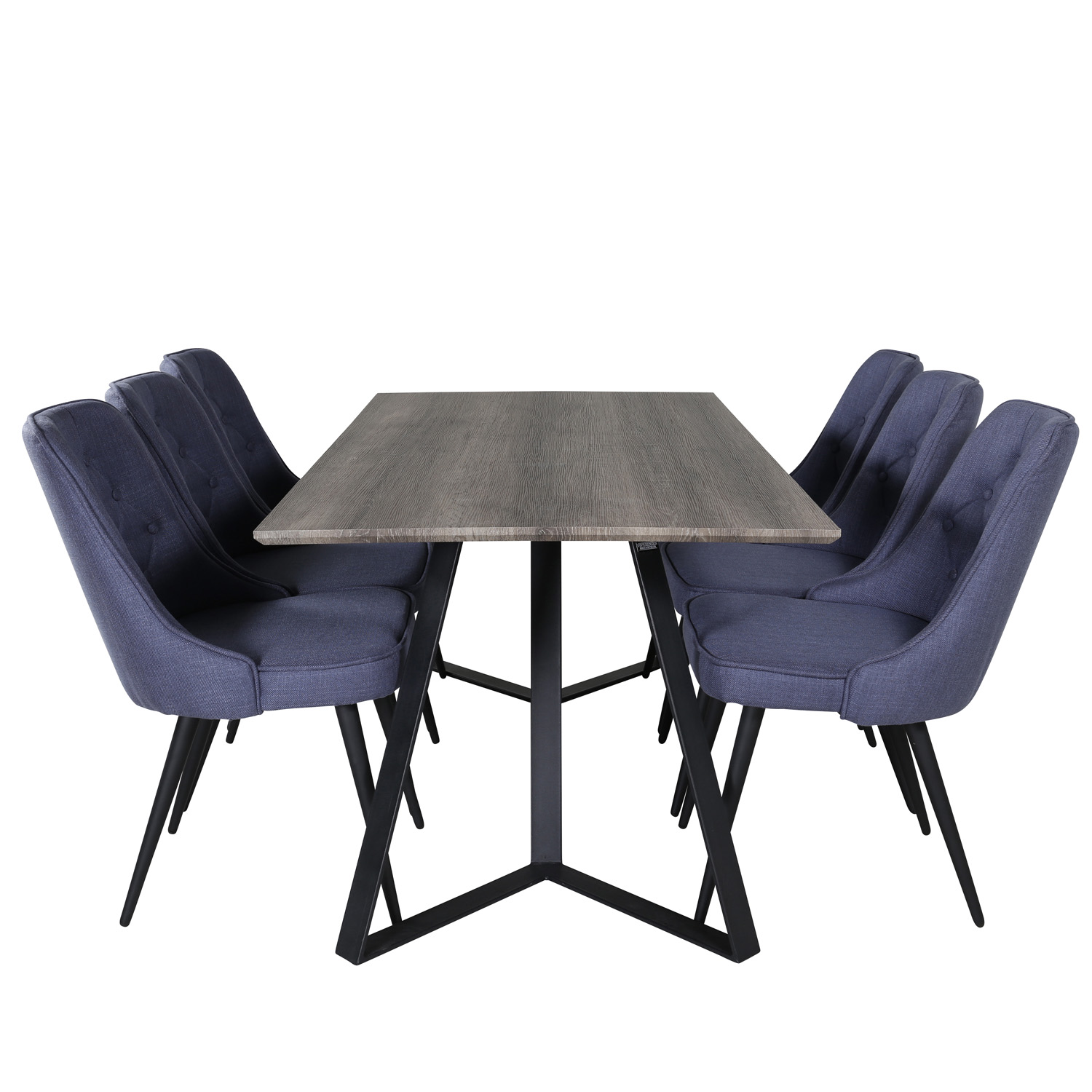 Billede af VENTURE DESIGN Marina spisebordssæt, m. 6 stole - grå finer/sort metal og blå stof/sort metal