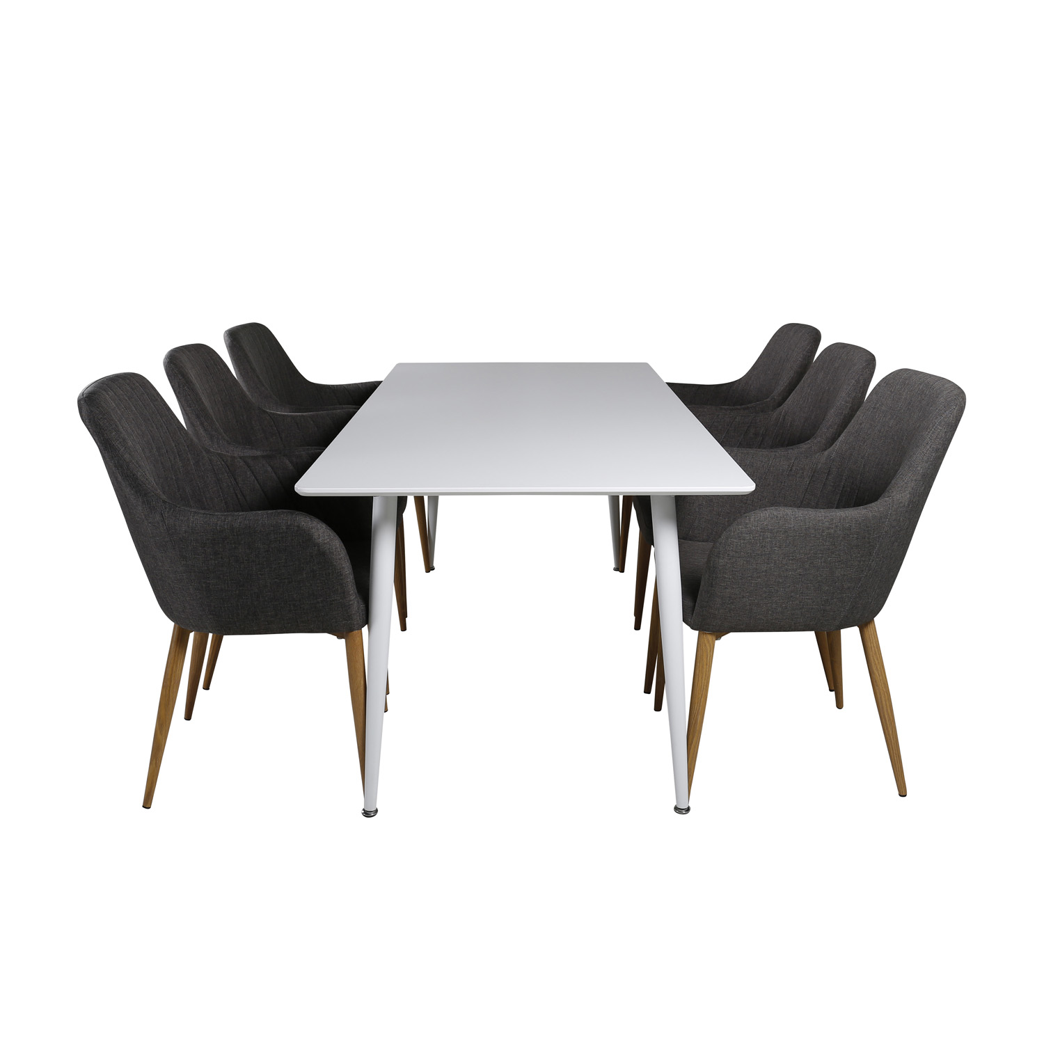 VENTURE DESIGN Polar spisebordssæt, m. 6 stole -  hvid MDF/hvid metal, grå stof/valnødfolie metal