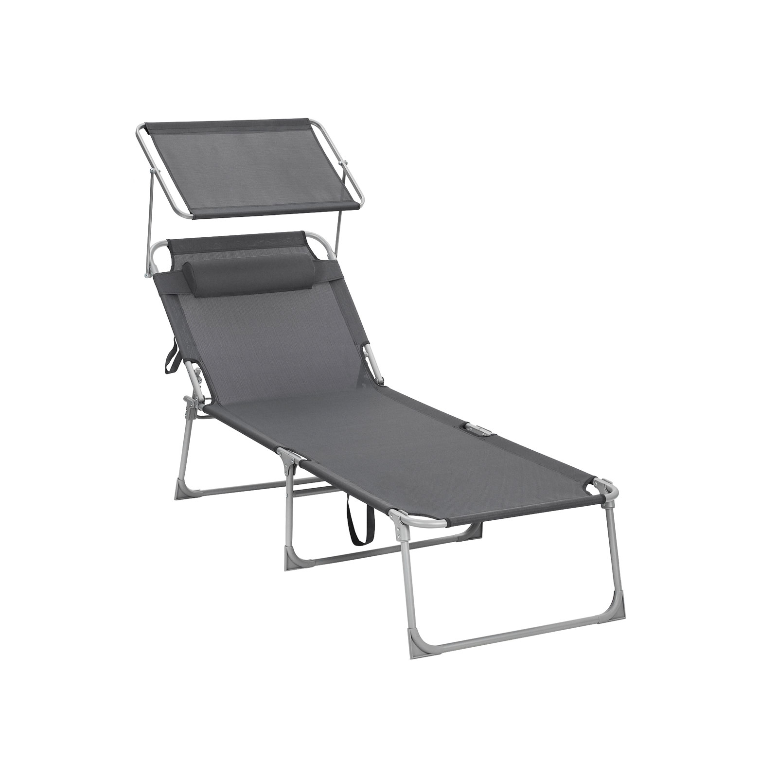 SONGMICS Liggestol, Solseng, Stor Hvilestol, 71 x 200 x 38 cm, Belastningskapacitet 150 kg, Med Nakkestøtte, Hvilelæn, Solskærm, Sammenklappelig, Til Have, Røget Grå GCB22GYV2