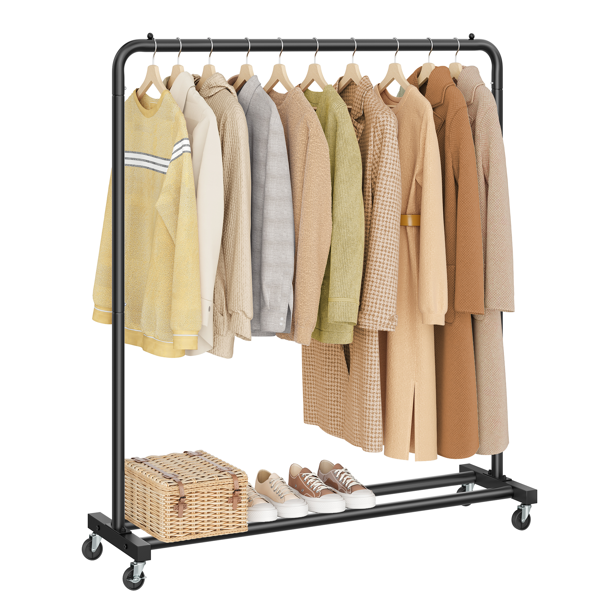 SONGMICS Tøjstativ, Tøjstativ på hjul, Knagerække, 2 låsbare hjul, Soveværelse, Holder op til 50 kg, 38 x 110 x 141,5 cm, Blæksort HSR016BH01