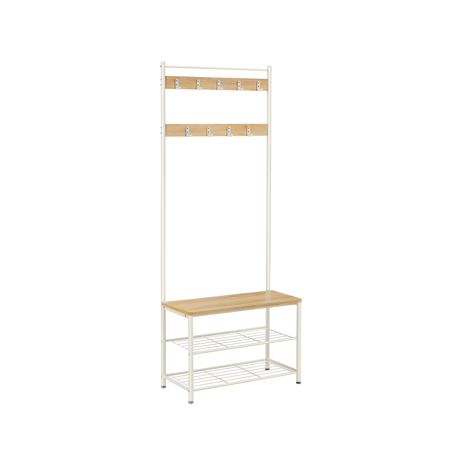 VASAGLE Knagerække, Knagerække med skoopbevaringsbænk, Gangtræ med skoreol, 3-i-1 design, stålramme, til entré, entré, 32 x 70 x 175 cm, moderne, egetræsfarve og hvid HSR041W09