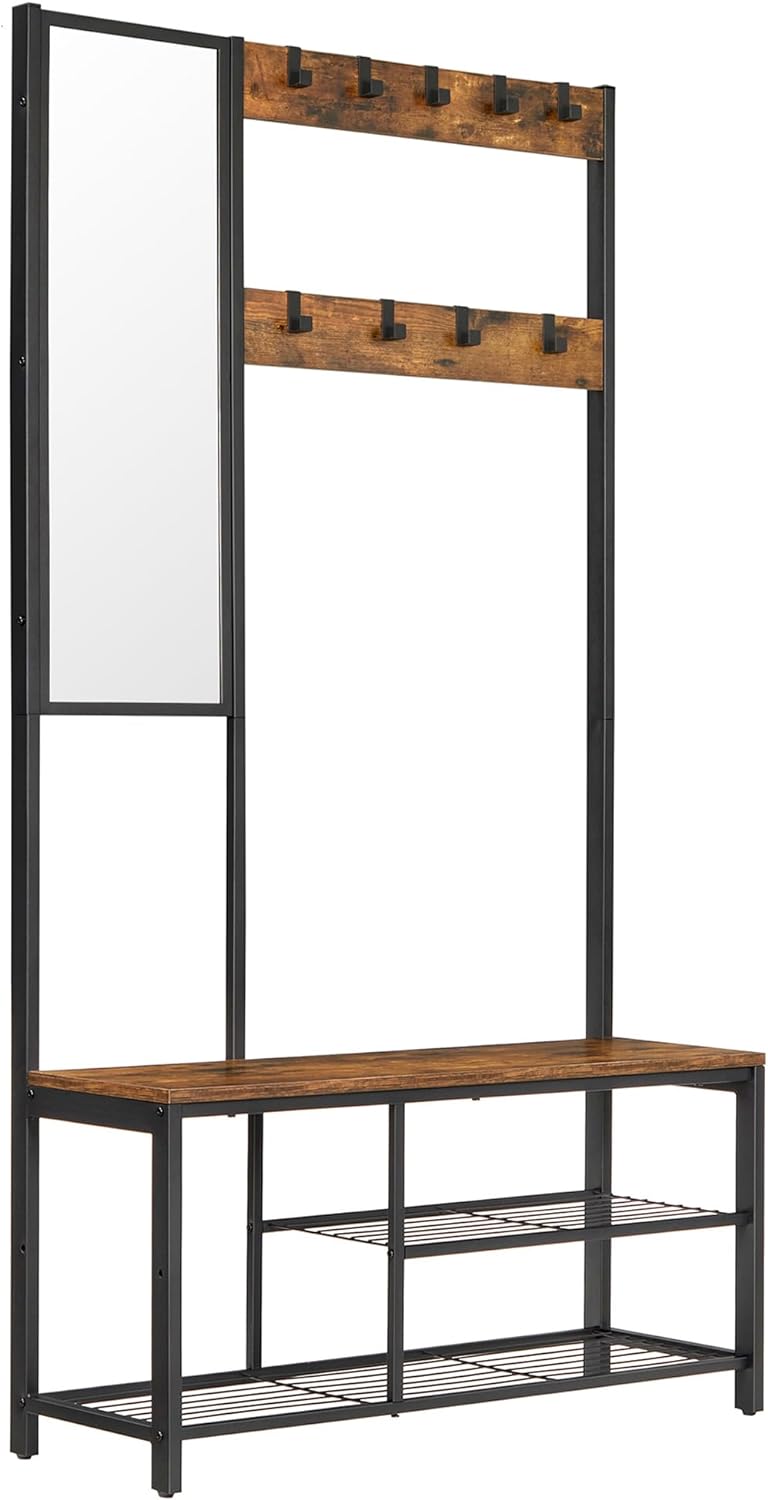 VASAGLE Kapphängare, Hallmöbel med krokar, spegel, skohylla och hyllor, 36 x 98 x 185 cm, för hall, sovrum, vardagsrum, rustik brun och svart HSR050B01V1