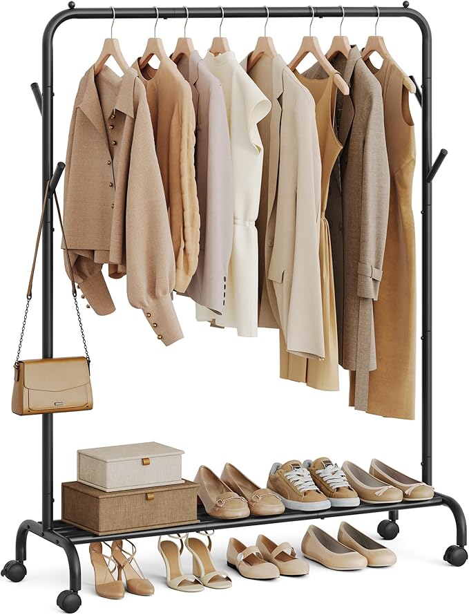 SONGMICS klädställning, klädställ, enkel klädhängstång, kraftig metallram, med hjul och hyllplan, 50 kg total maxbelastning, 103,5 cm bred, klädförvaring, bläcksvart HSR131B01