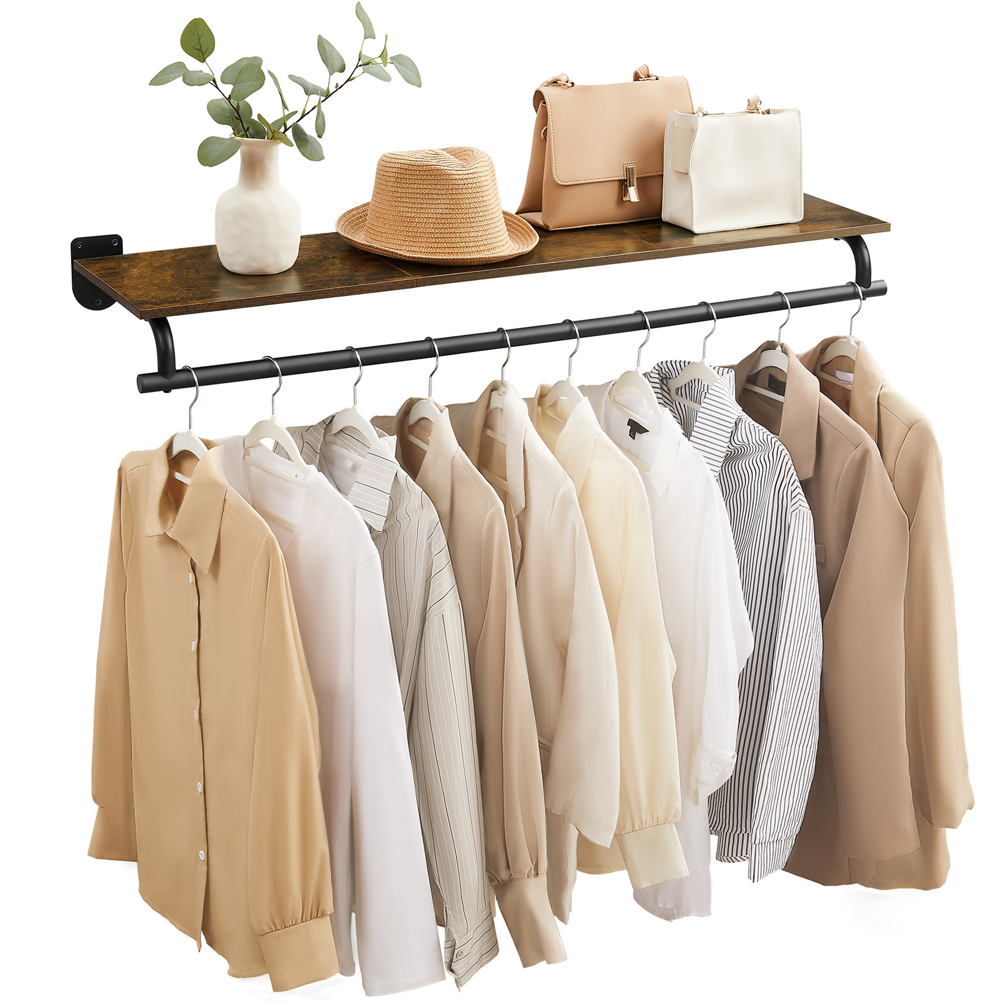 SONGMICS vægmonteret knagerække, væghylde med ophængningsstang, belastning op til 60 kg, 28 x 109 x 13,2 cm, entré, soveværelse, walk-in closet, rustik brun og blæksort HSR135B01
