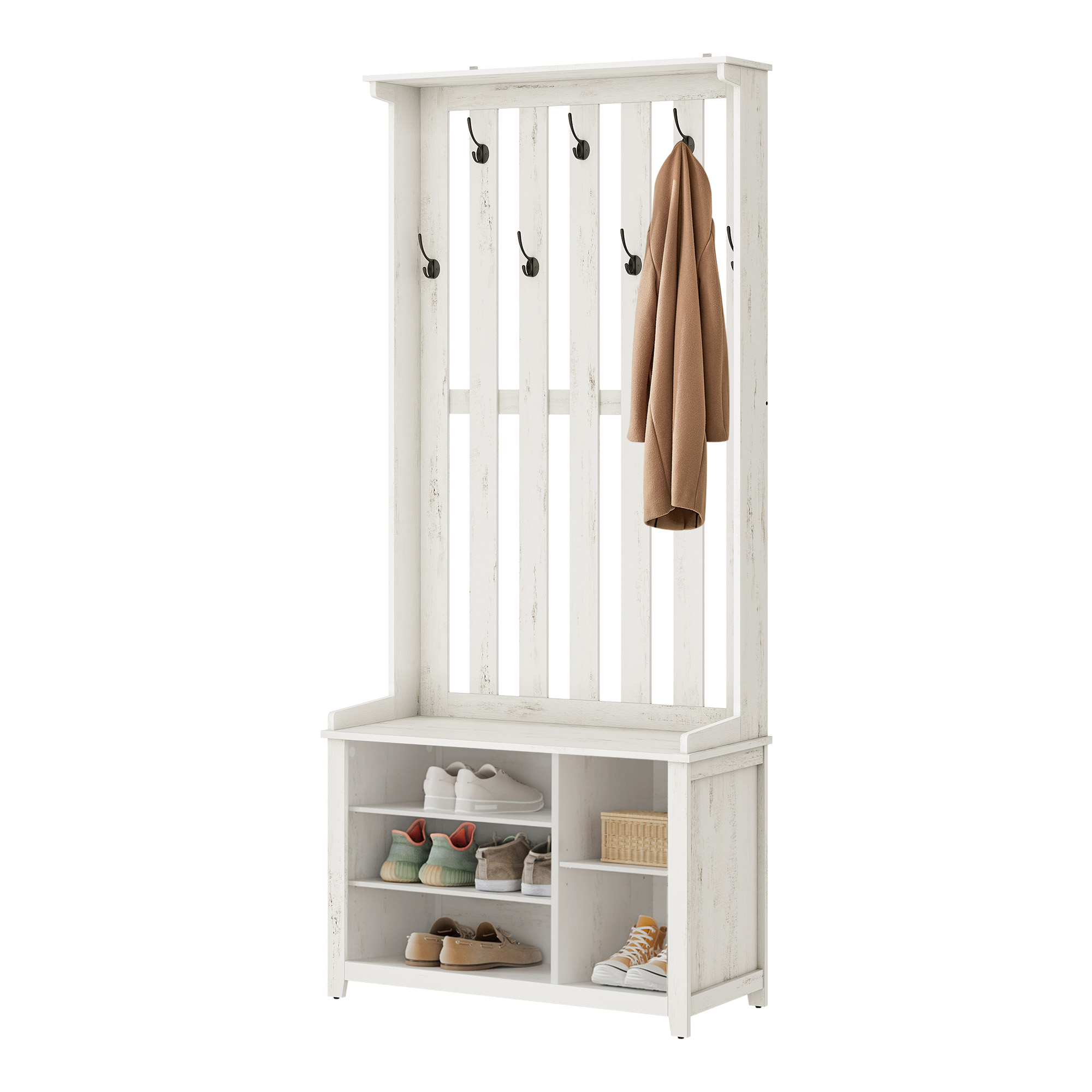 VASAGLE Entrehylde med bænk og skoopbevaring, knagerække med skobænk, 7 dobbelte kroge til jakker, hatte, entré, soveværelse, stue, 33 x 81 x 193 cm, rustik hvid HSR414WJ02