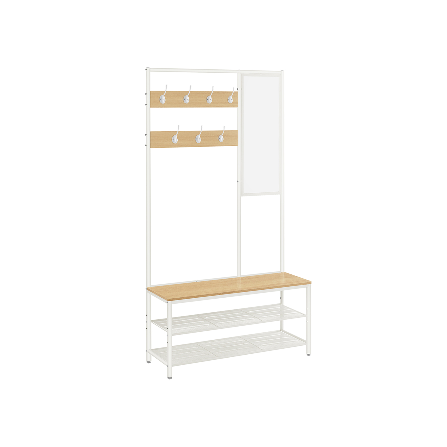 VASAGLE Knagerække med skoopbevaring, garderobehylde med spejl, kroge, bænk og skohylder, 35 x 98 x 180 cm, entré, soveværelse, moderne stil, egetræsfarve og hvid HSR415W09