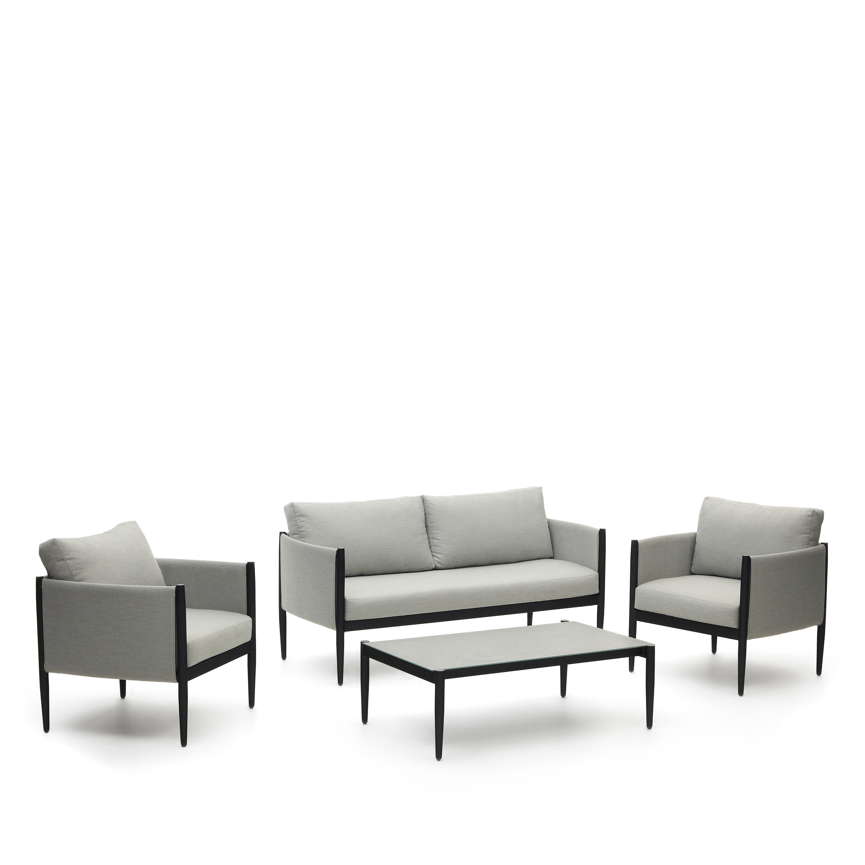 LAFORMA Satuna udendørs sæt med 2 lænestole, 2 personers sofa og sofabord – grå/sort glas/aluminium