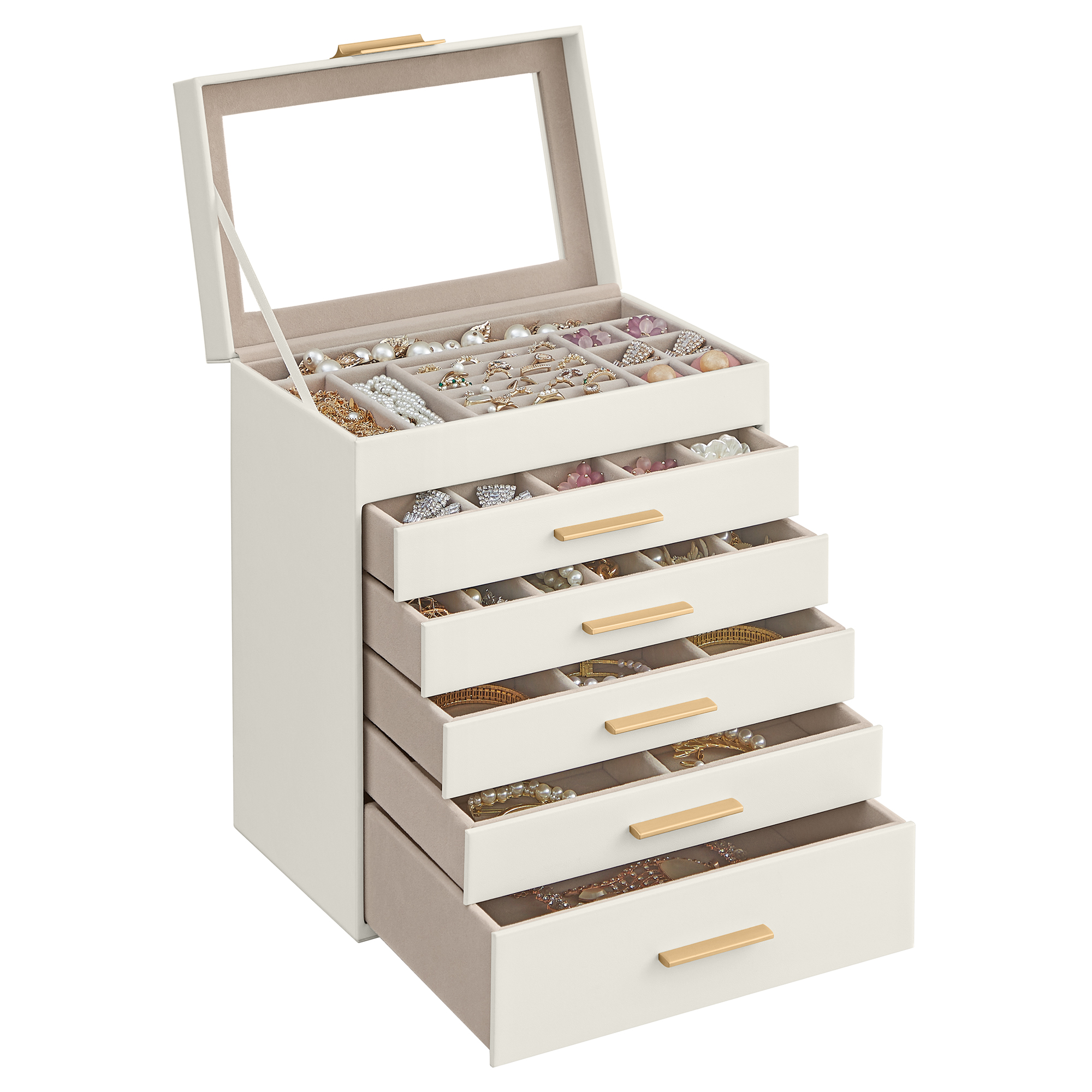 SONGMICS smykkeskrin med glaslåg, 6-lags smykkeopbevaring, med 5 skuffer, moderne stil, 16,3 x 25,1 x 29 cm, skyhvid og guldfarve UJBC171W01 SONGMICS smykkeskrin med glaslåg, 6-lags smykkeopbevaring, med 5 skuffer, moderne stil, 16,3 x 25,1 x 29 cm, skyhvid og guldfarve UJBC171W01