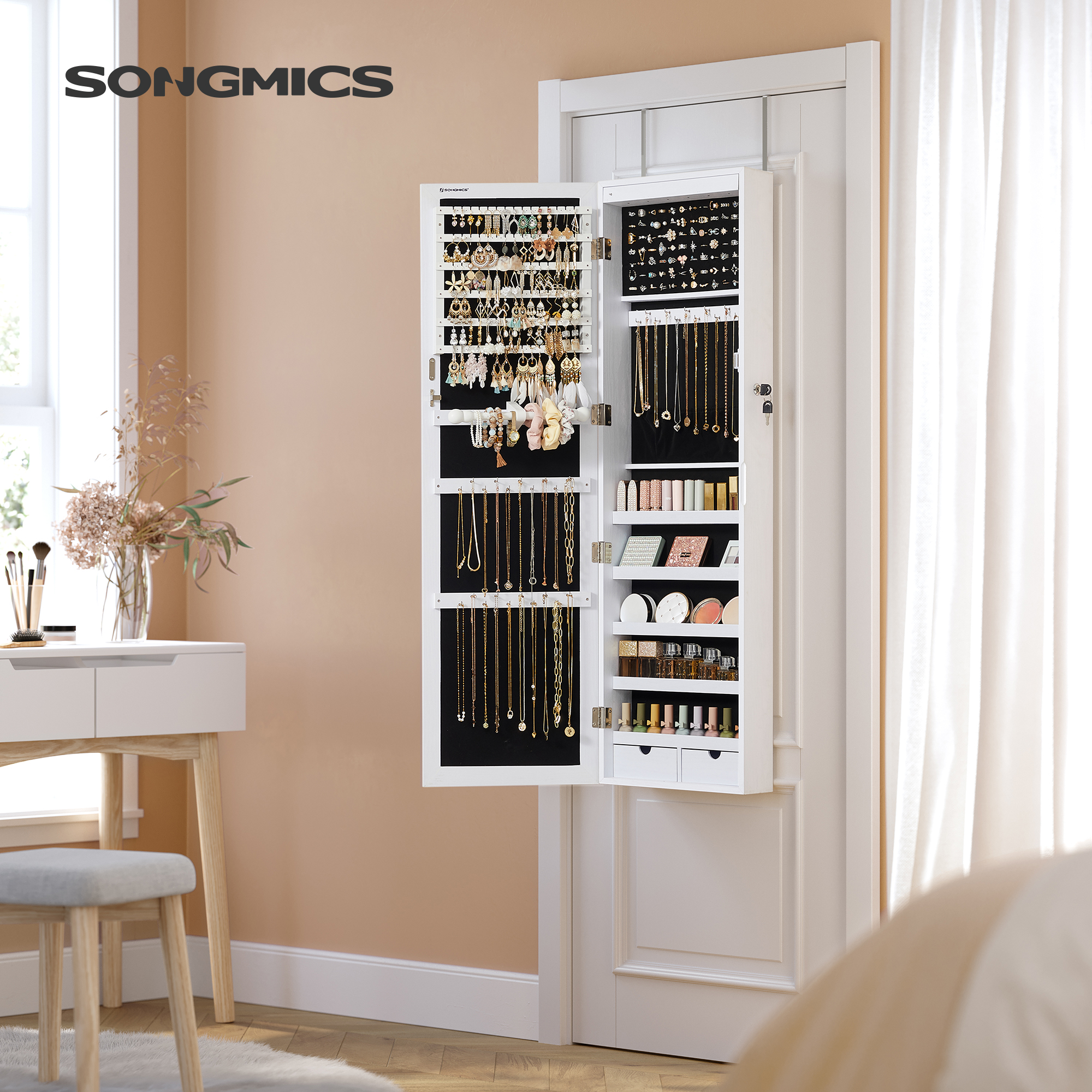 SONGMICS smyckesskåp med 6 LED-spegelbelysning, 114 cm högt, låsbart vägg- eller dörrmonterat smyckesskåp med spegel, 2 lådor, 9,2 x 33 x 114 cm, vit JJC93W