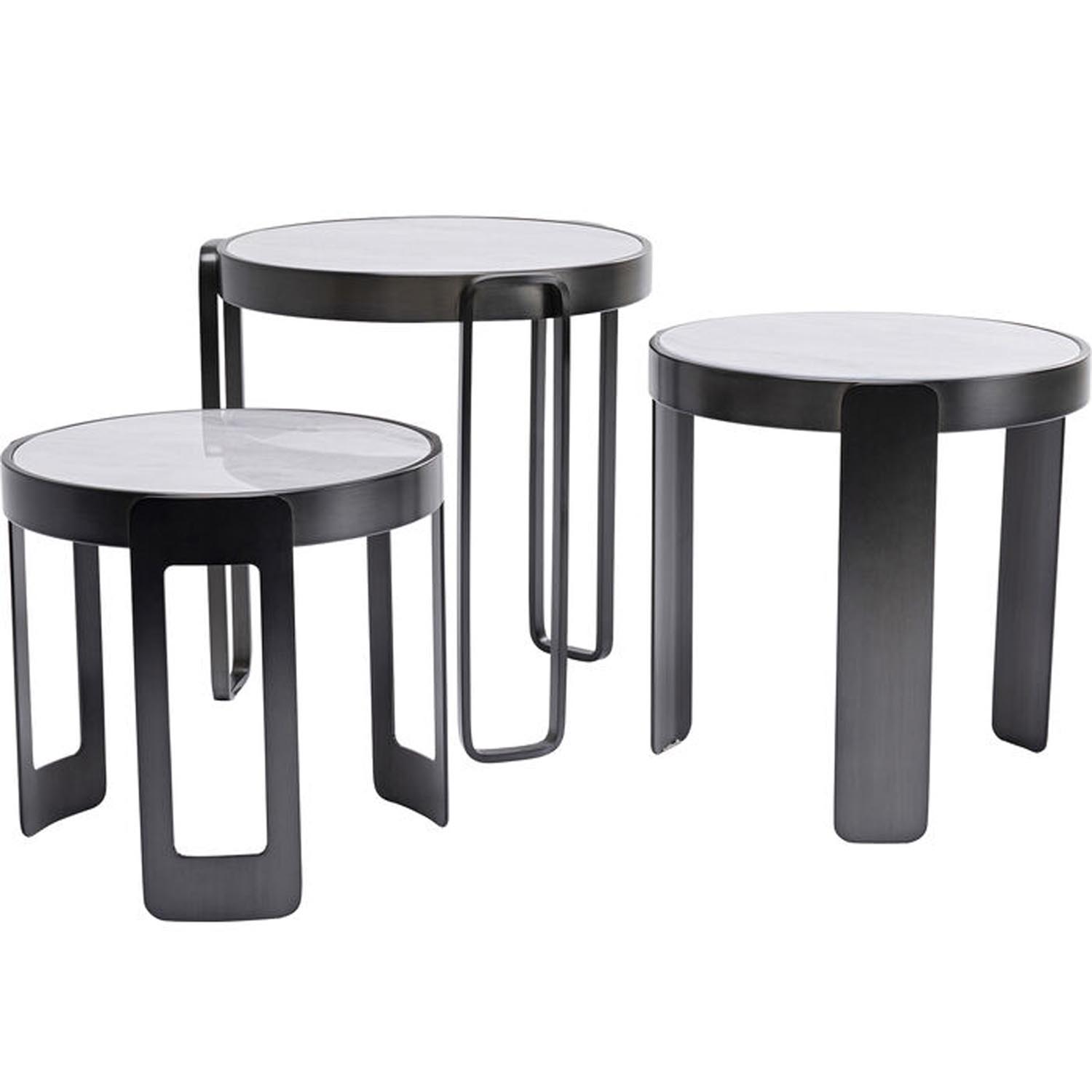 KARE DESIGN Perelli Black sofabord, rund - hvid marmorprint glas og sort stål (sæt af 3)