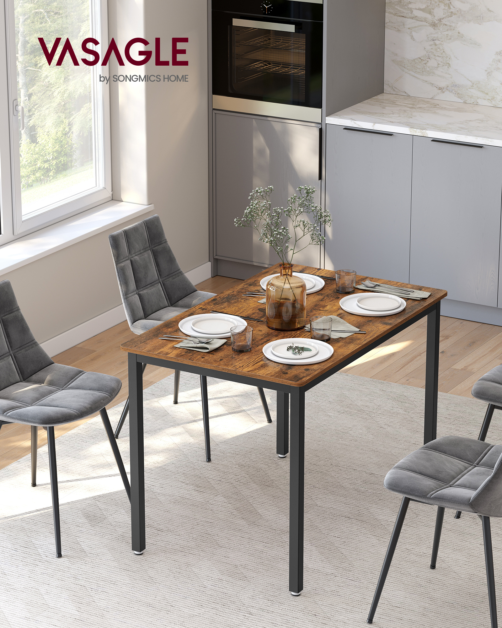 VASAGLE Matbord, Köksbord, 70 x 110 x 77 cm, Matbord för 4 personer, Vardagsrumsbord, För Matsal, Kök, Industriell, Rustik Brun och Svart KDT081B01