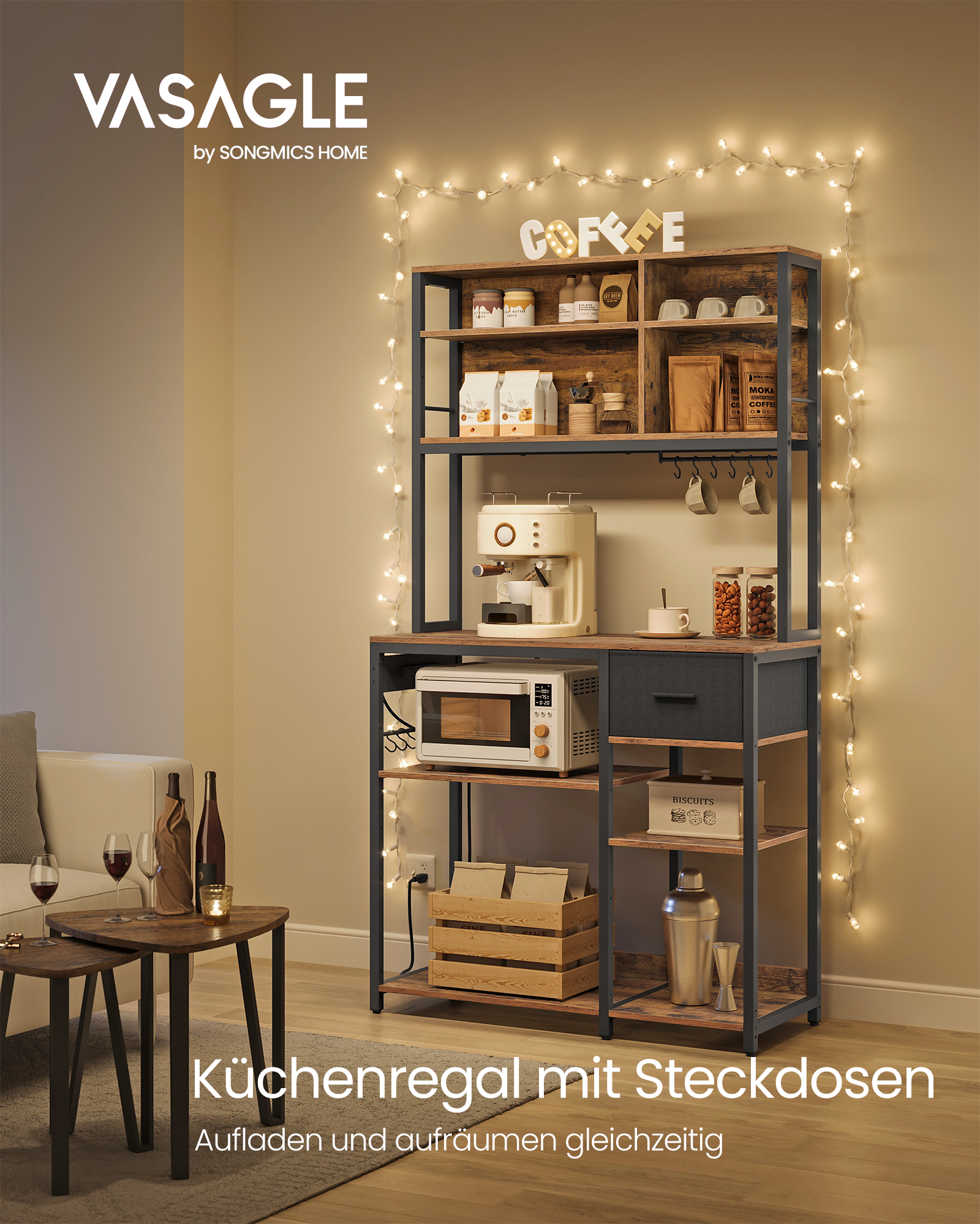 VASAGLE Køkkenhylde med strømskinne, Kaffebar med justerbare hylder, stofskuffe, 12 kroge, 40 x 100 x 180,2 cm, Mikrobølgeovnsstativ, Rustik brun og blæksort KKS027K02