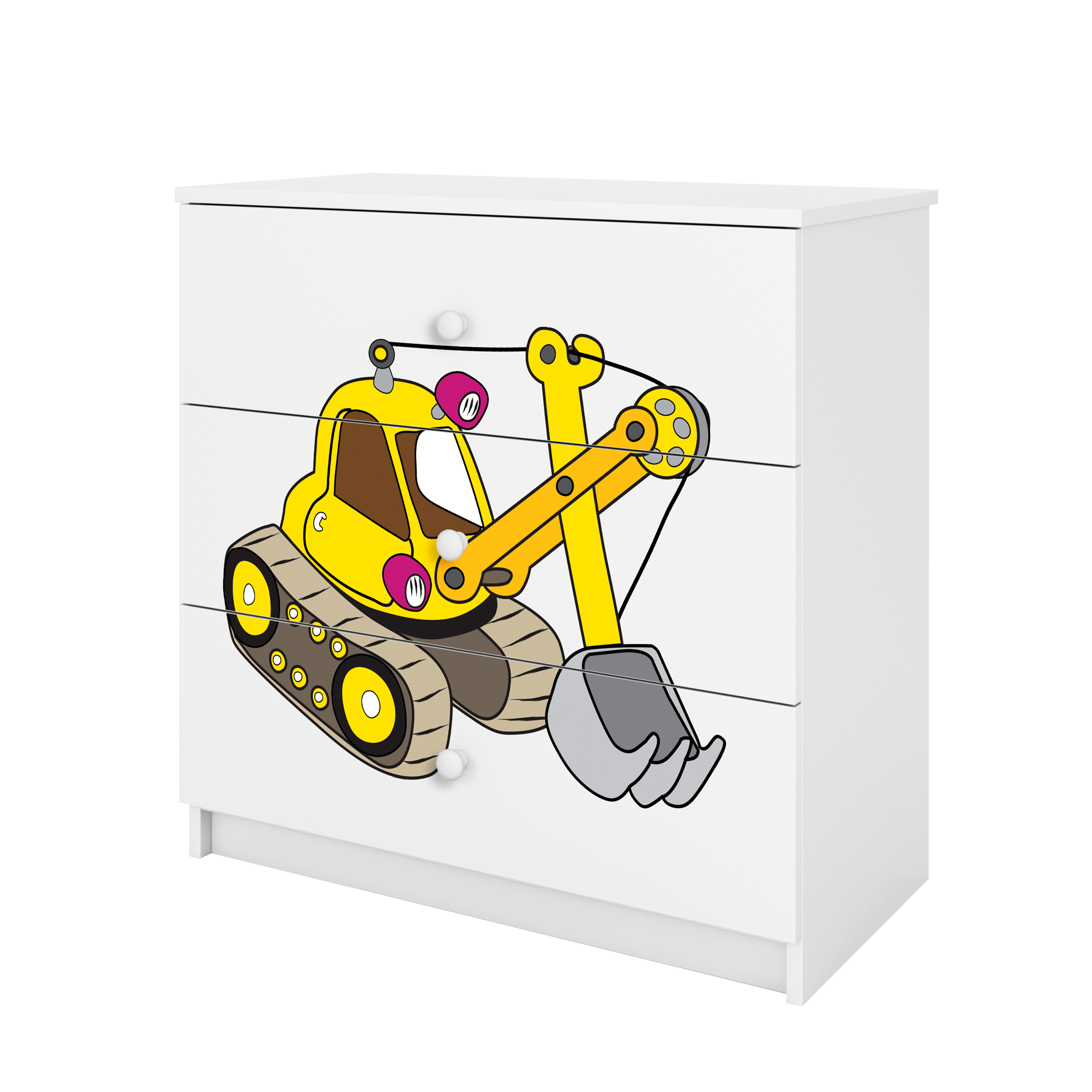 Babydreams barnbyrå med grävmaskin, med 3 lådor - vit laminat