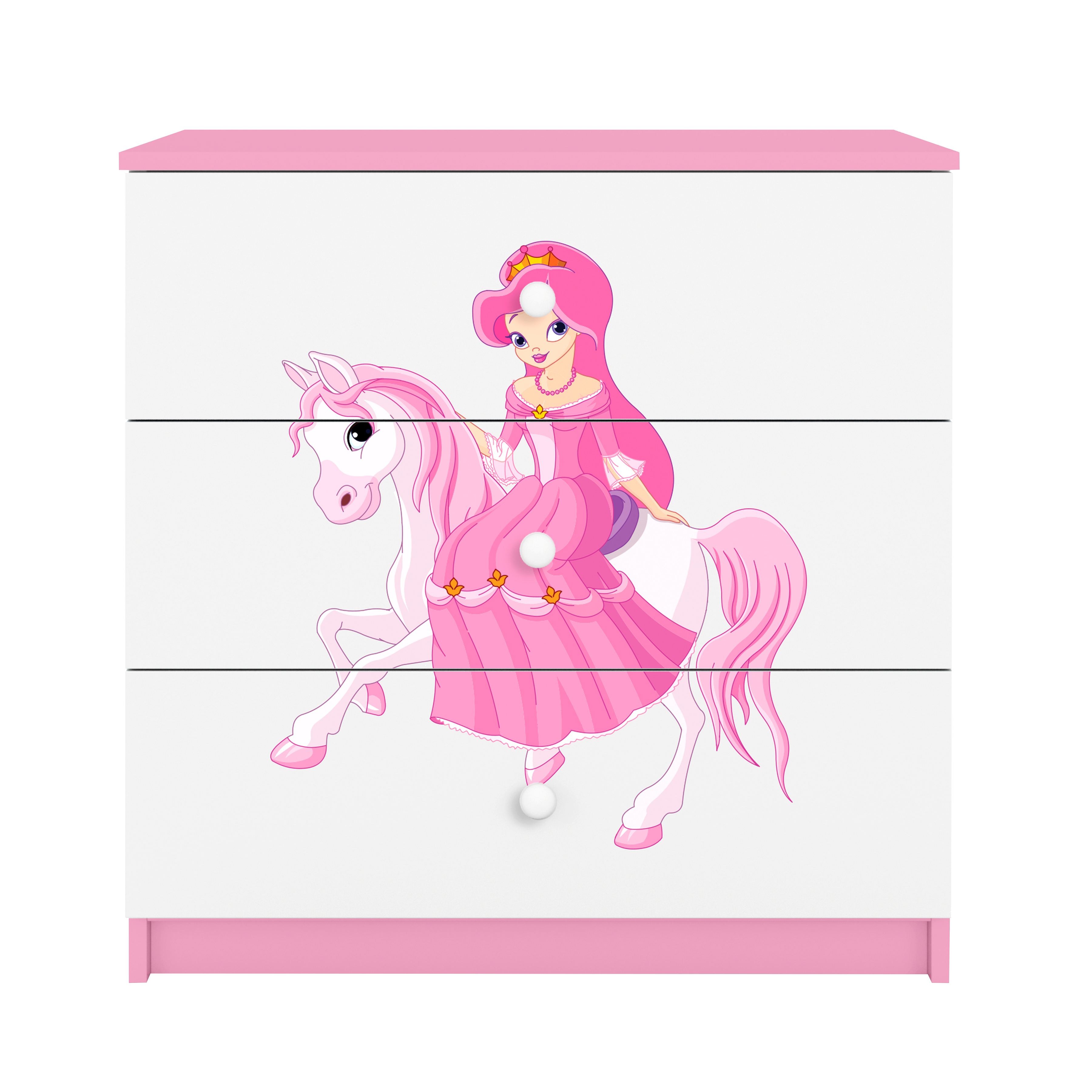 7: Babydreams børnekommode med prinsesse på hest, m. 3 skuffer - hvid og lyserød laminat