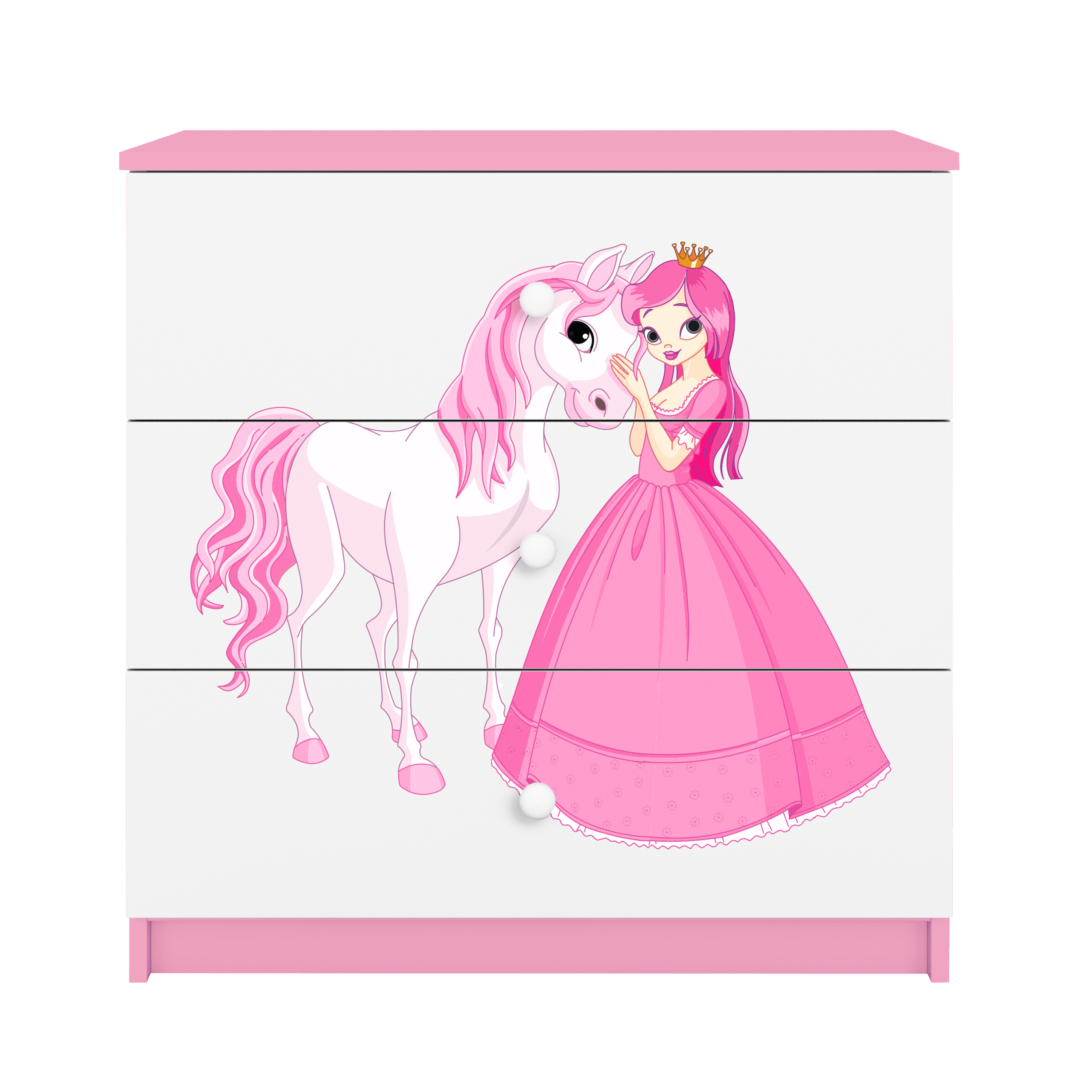 Babydreams børnekommode med prinsesse med hest, m. 3 skuffer - hvid og lyserød laminat