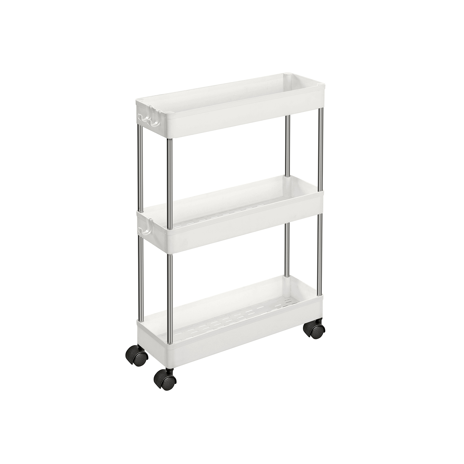 SONGMICS 3-etagers opbevaringsvogn, køkkenvogn på hjul, smal vogn til køkken, badeværelse, kontor eller små rum, 42 x 13,5 x 61 cm, hvid KSC007W01