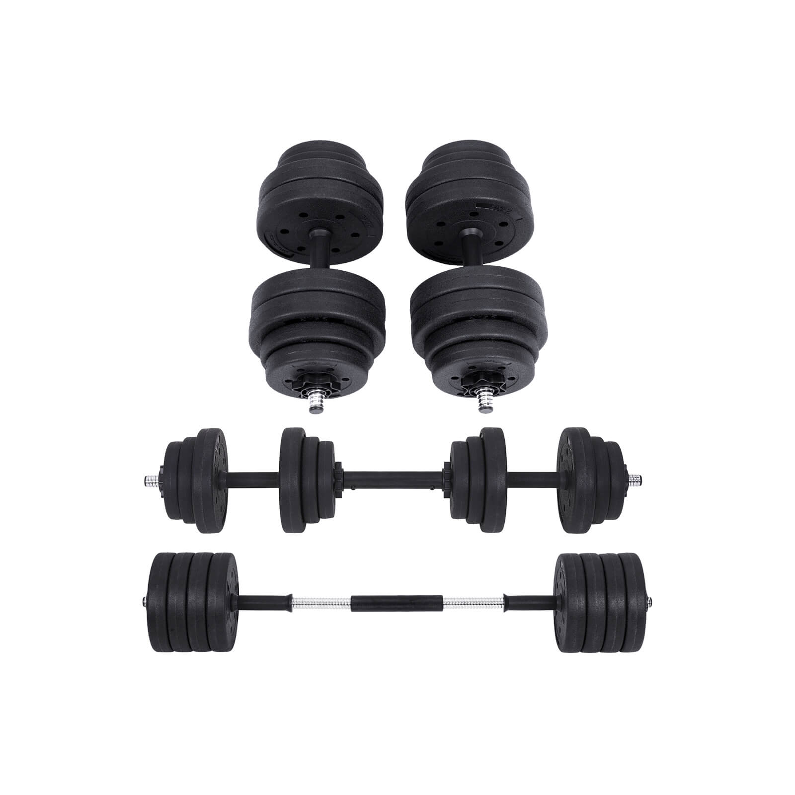 SONGMICS 2-i-1 håndvægtsæt, 2 x 15 kg justerbare håndvægte med ekstra vægtstang, plastbelagte vægtskiver, fitnesstræning, hjemmegym, sort SYL30HBK