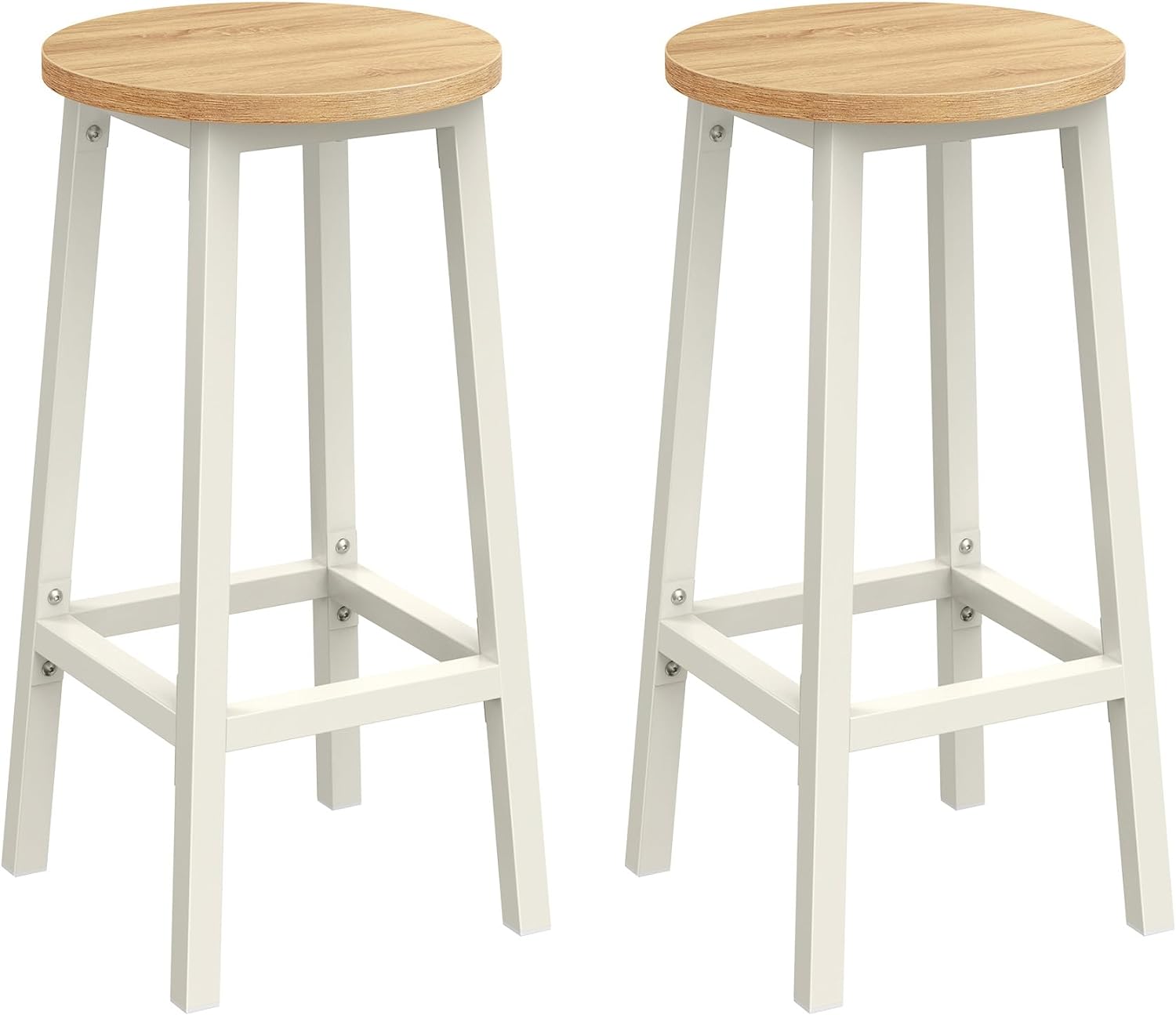VASAGLE Barstol, Sæt med 2, Køkkenstol, Høj sæde, Metalstel, Nem Montering, Med Fodstøtte, Til Køkken, Stue, Spisestue, Klassisk Beige og Hvid Eg LBC032W09