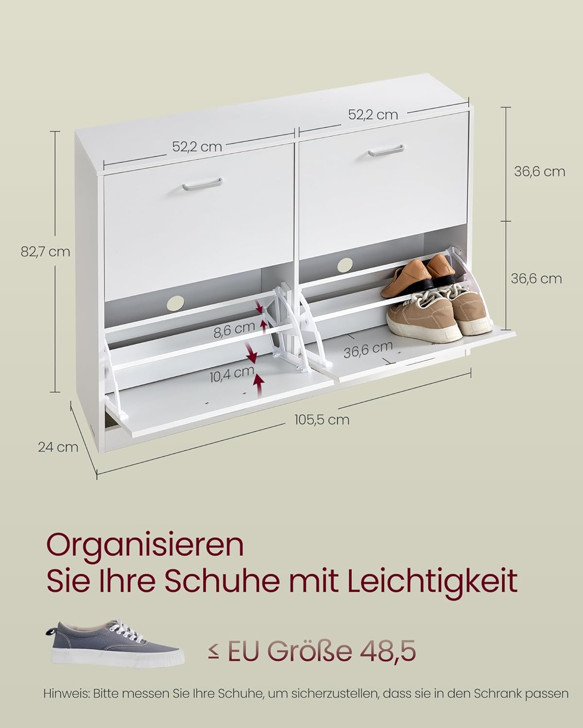 VASAGLE LBC035W01 Skoskab med 4 klapper, skohylde, skoopbevaringsdeler, justerbar, til 16-28 par sko, entré, 24 x 105,5 x 82,7 cm, snehvid
