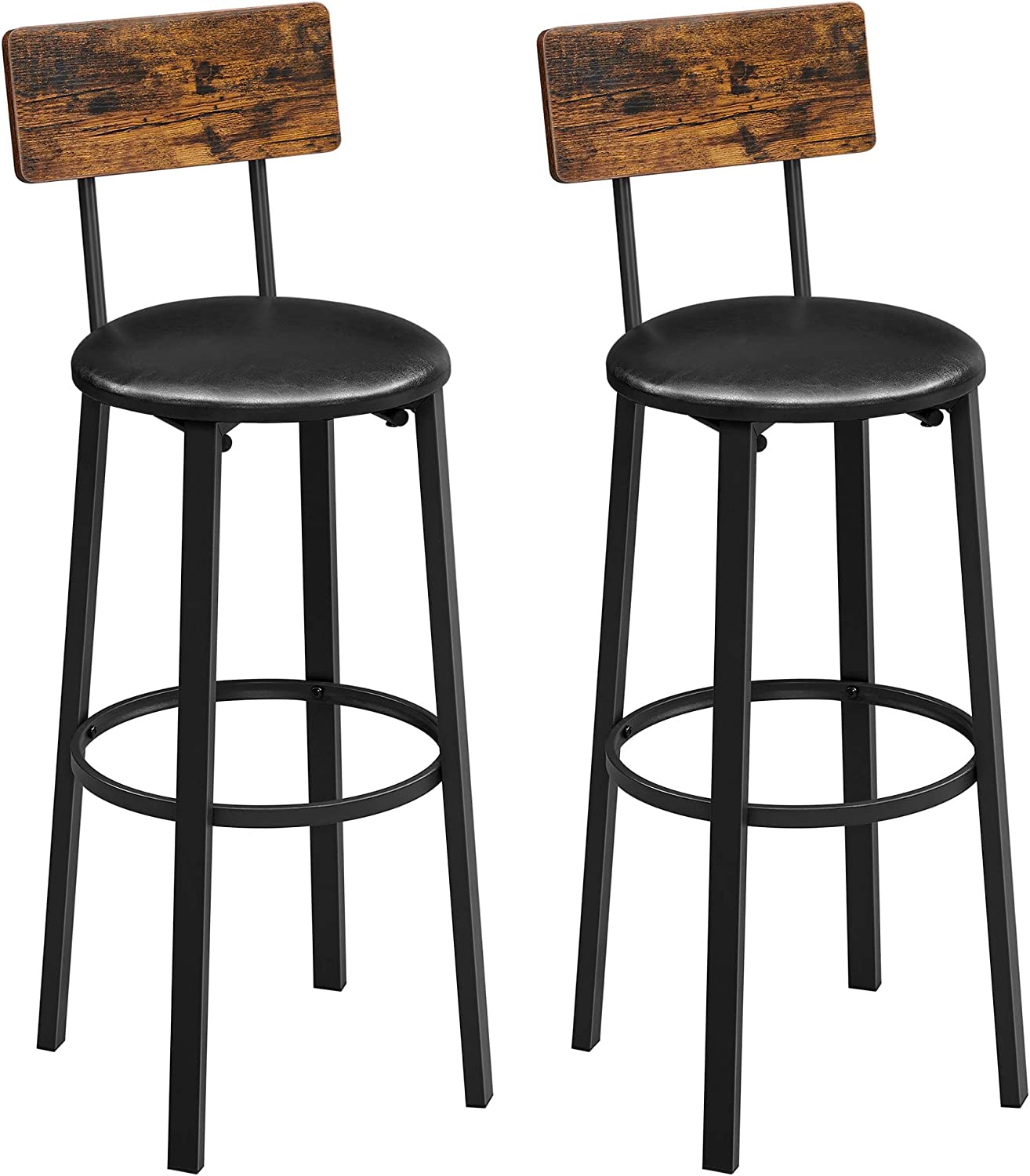 VASAGLE barstol, m. ryglæn og fodstøtte – rustik brun spånplade og sort PU/stål (sæt med 2)
