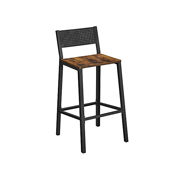 VASAGLE barstol, m. ryglæn og fodstøtte – rustik brun spånplade og sort stål