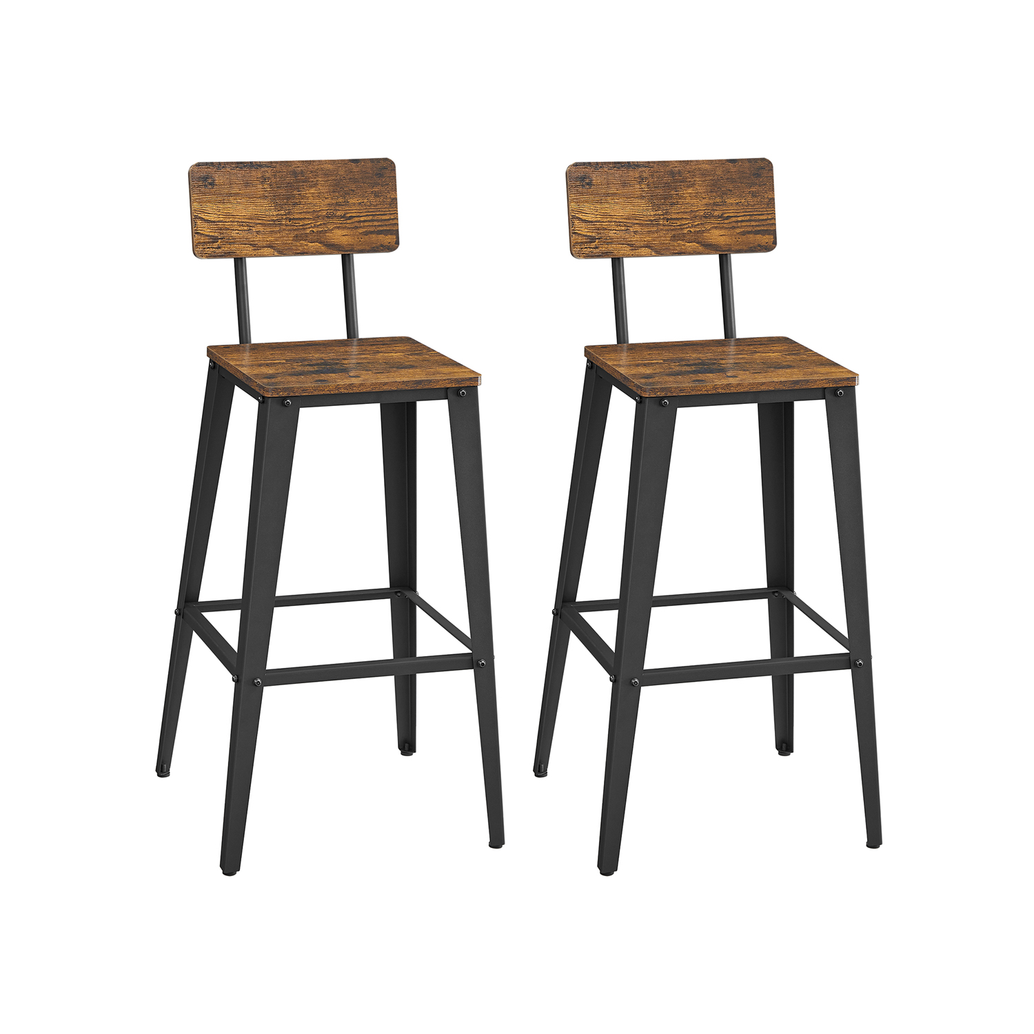 VASAGLE barstol, m. ryglæn og fodstøtte – rustik brun spånplade og sort stål (sæt med 2)