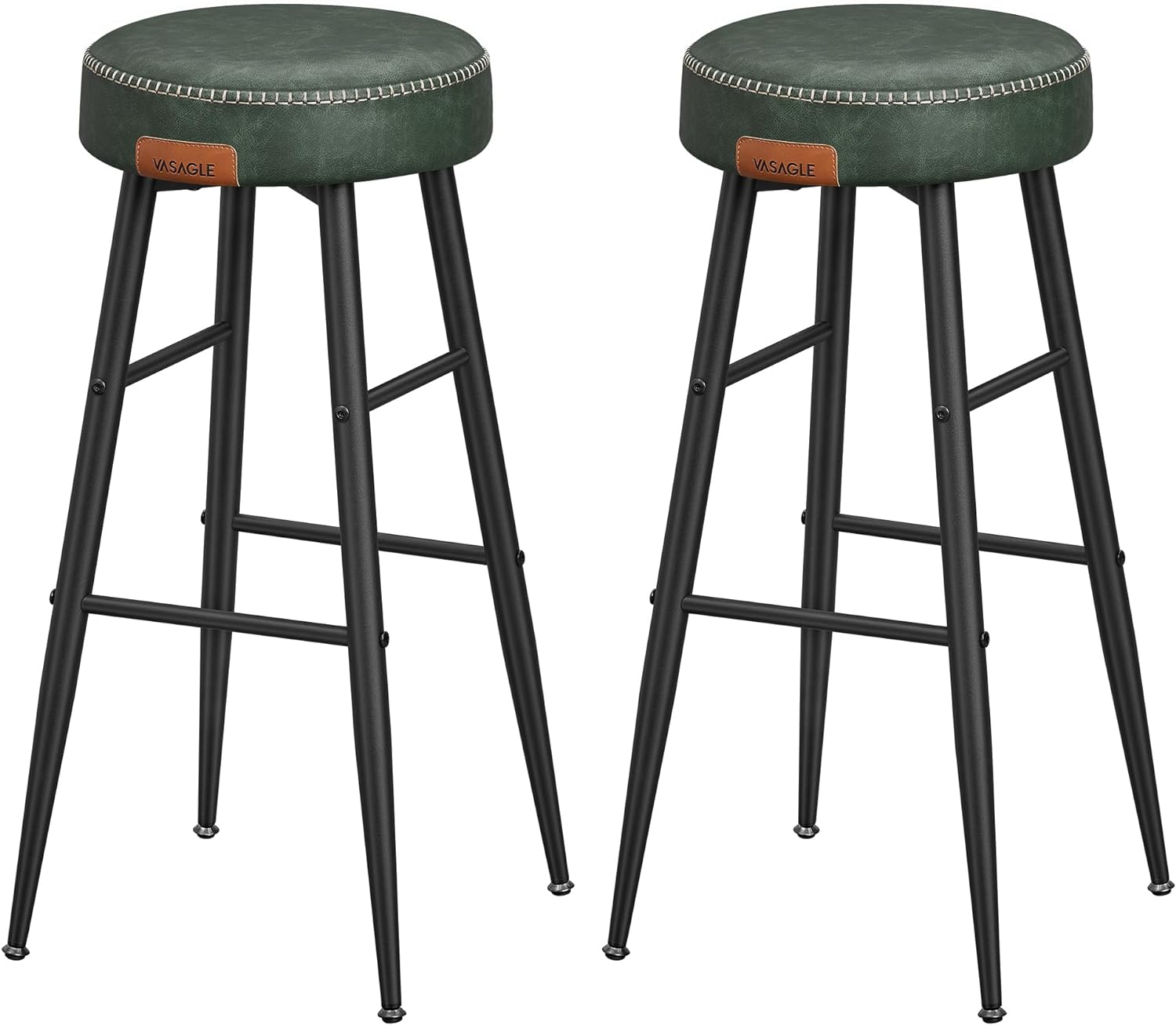 VASAGLE barstol, m. fodstøtte – skovgrøn kunstlæder og sort stål (sæt med 2)