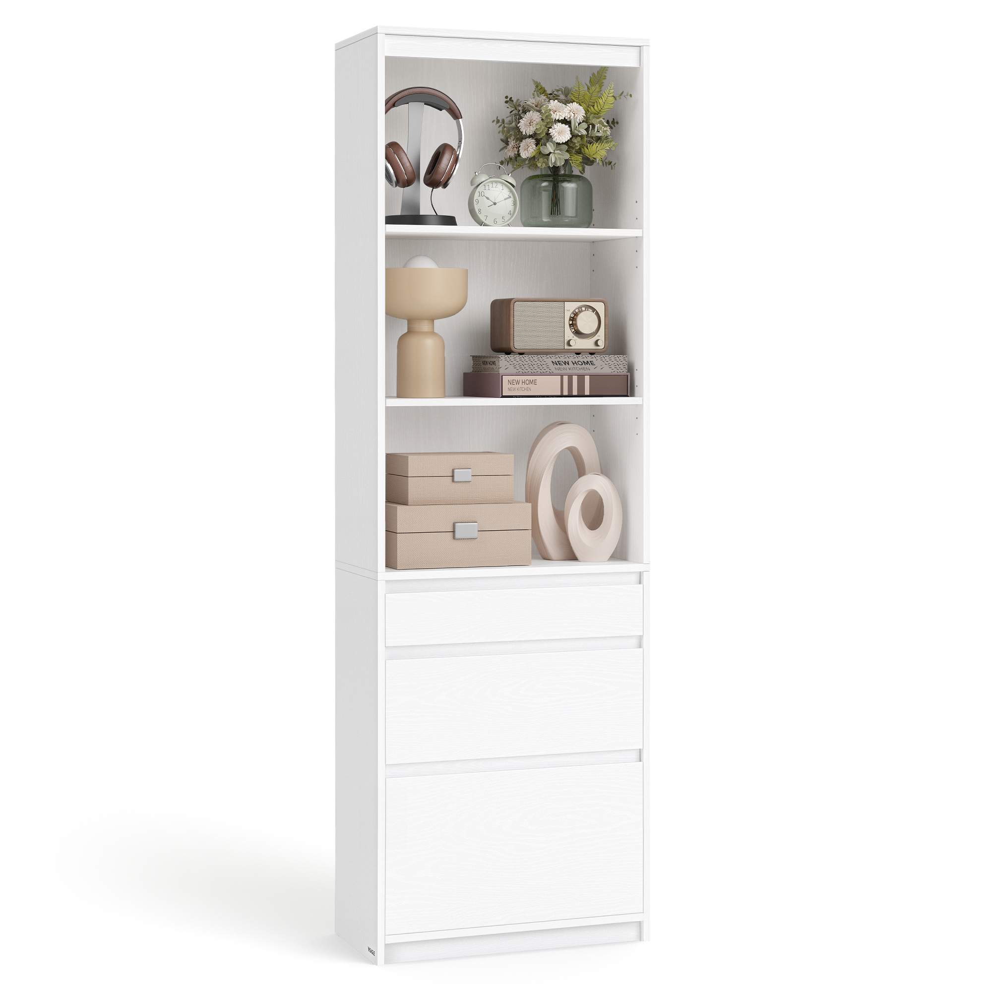 VASAGLE KAILYN Kollektion - Bogreol, med 3 skuffer, justerbare hylder, 180 cm høj, til stue, soveværelse, hjemmekontor, moderne, pladsbesparende, snehvid LBC188W01