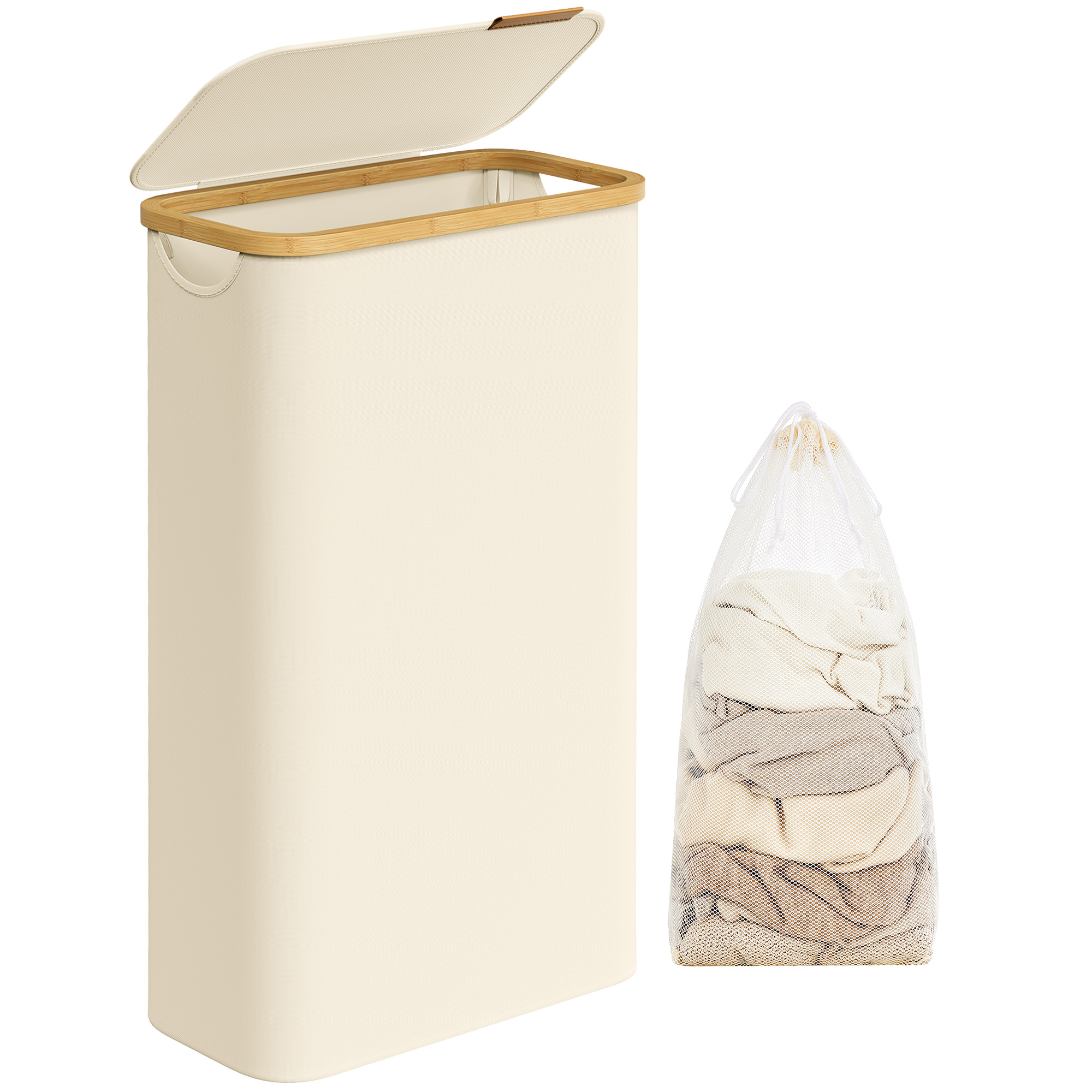 SONGMICS tvättkorg med lock, smal tvättkorg, 65 l (17,2 gallon), platsbesparande, avtagbart nätfoder, bambuhandtag, hopfällbar, 41 x 21 x 69 cm, krämvit ULCB506W01
