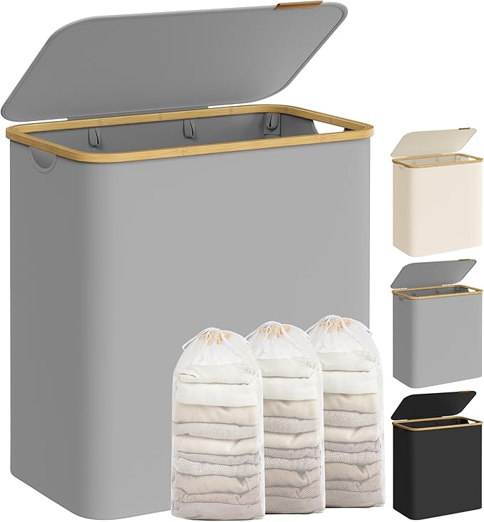 SONGMICS Vasketøjskurv med låg, 3-sektioners stor vasketøjskurv, 150 l, aftagelig netforing, Oxfordstof, bambushåndtag, sammenklappelig, 60 x 38,5 x 70,5 cm, duegrå LCB515G01V1