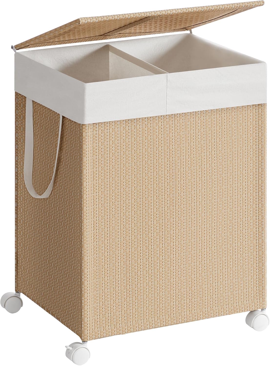 SONGMICS HOME Vasketøjskurv med 2 rum, 100 l vasketøjssortering på hjul med låg, vasketøjspose med håndtag, rattan-look, til vaskerum, badeværelse, naturbeige, mat hvid, LCB601N01