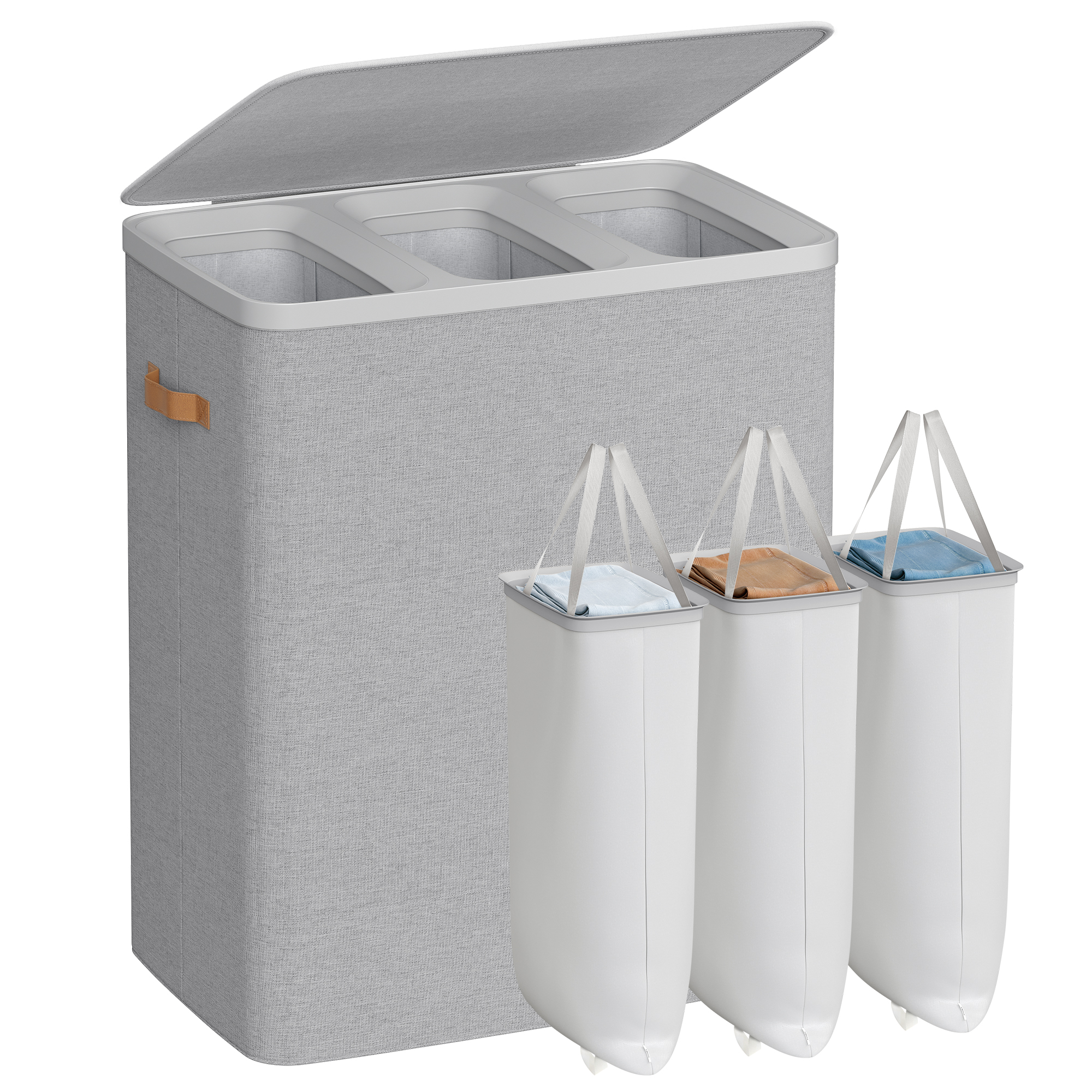 SONGMICS tvättkorg, 50,2 gallon. Tvättkorg, 3 fack, enkel montering, med lock och handtag, avtagbara foder, 25,2 x 15,7 x 29,5 tum, duvgrå ULCB814GD01