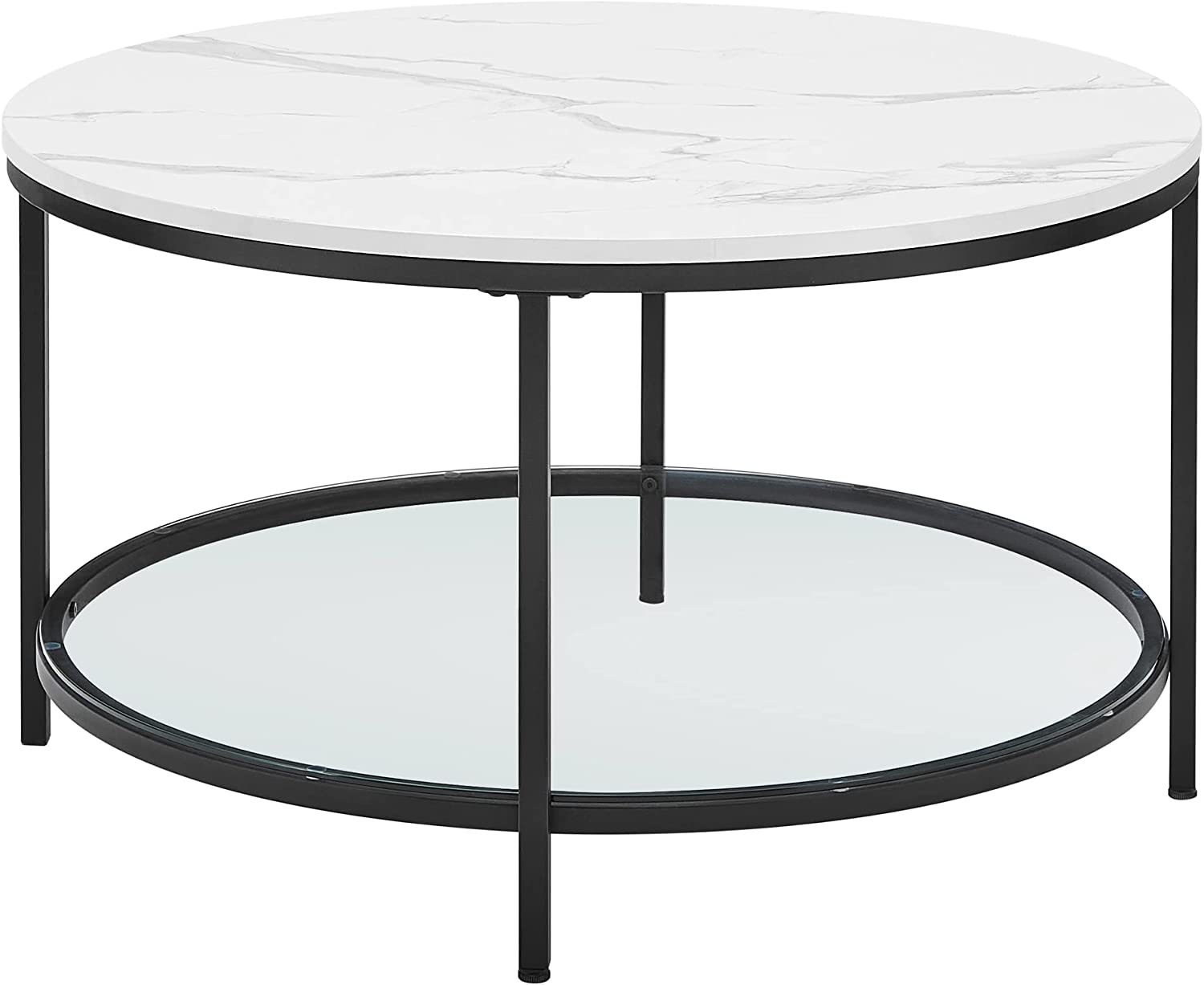 VASAGLE LCT071B13 Sofabord, stuebord, sofabord, med glasplade, stor opbevaringsplads, nem montering, moderne stil, hvid marmoreffekt, sort stel