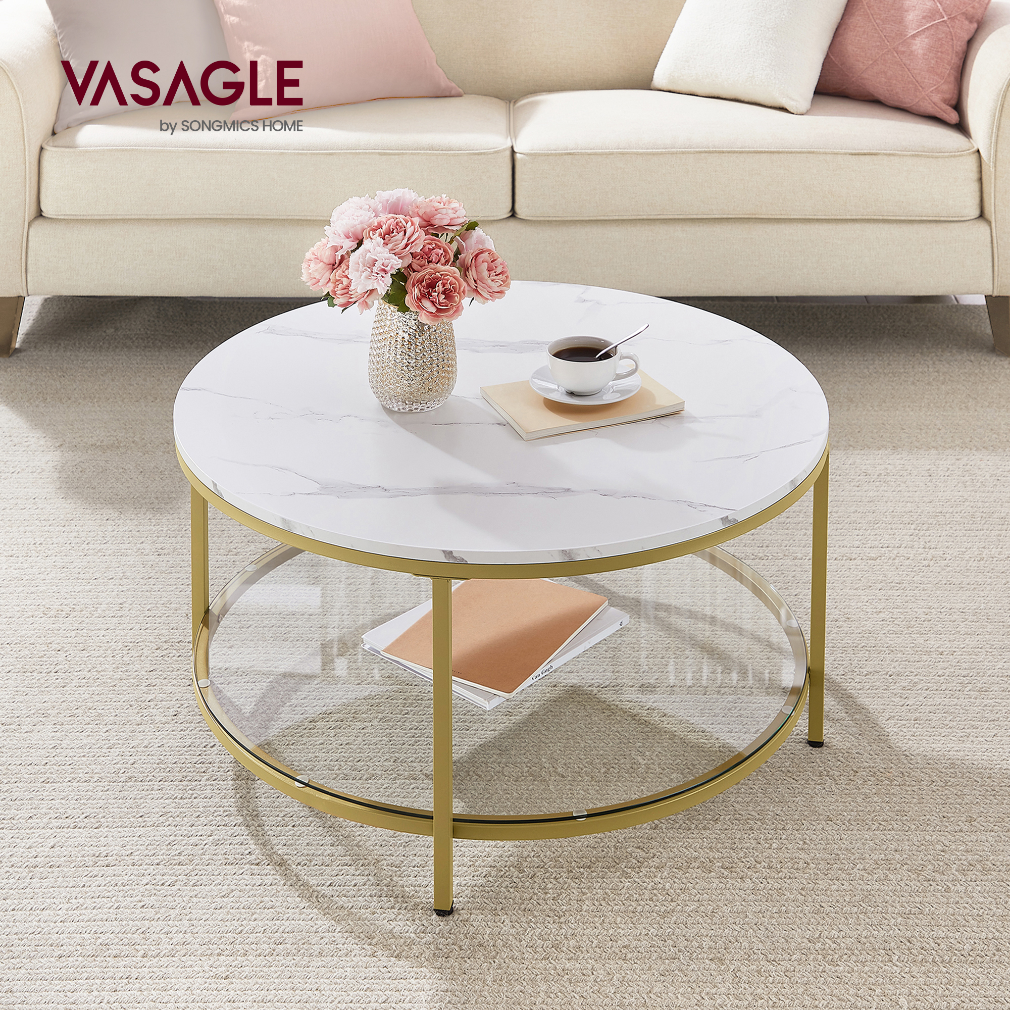 VASAGLE Sofabord, Stuebord, Sofa Cocktailbord Rundt Imiteret Marmor, Opbevaringshylde i Hærdet Glas, Nem at Samle, Moderne Stil, Til Stue, Marmor Hvid og Metallisk Guld LCT071W59