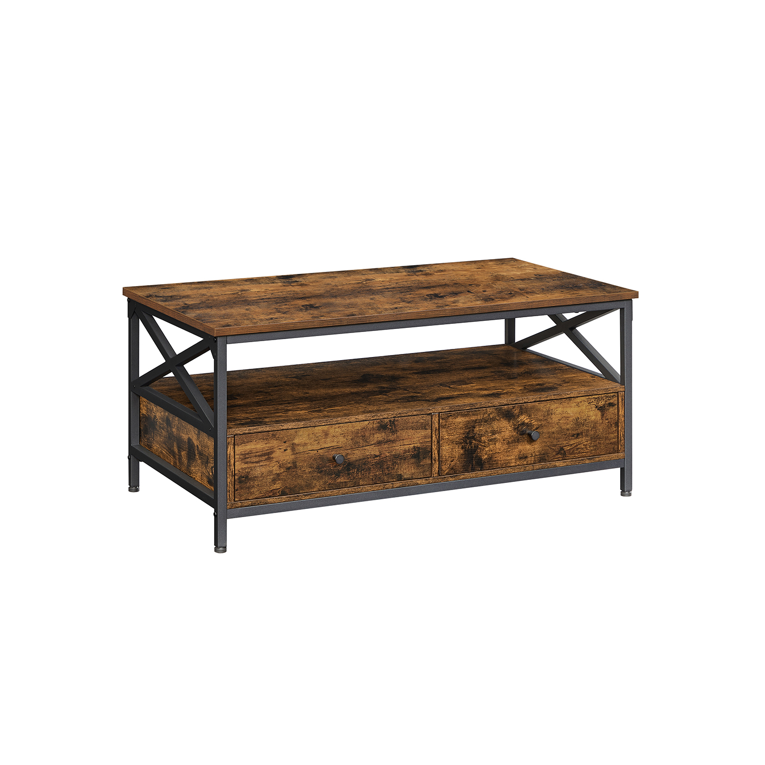 VASAGLE sofabord, stuebord, med 2 skuffer og åben opbevaringshylde, X-formet stålramme, 100 x 55 x 45 cm, industriel stil, rustik brun og sort LCT201B01 billede