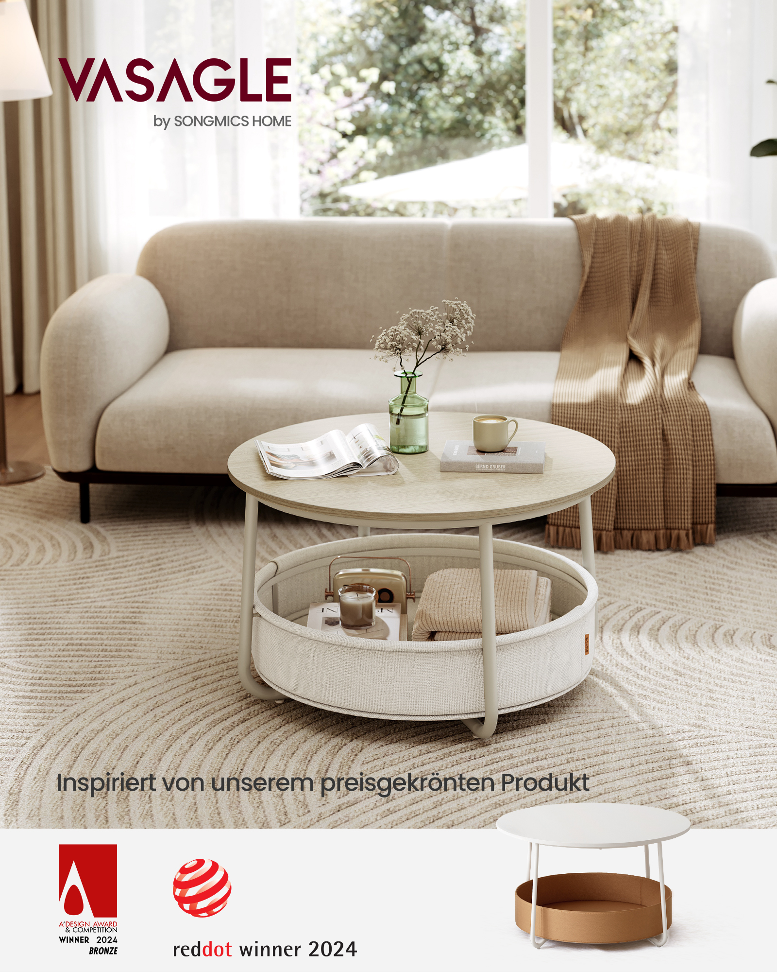 VASAGLE LCT244K01 Rundt sofabord med opbevaringsplads Sidebord Stuebord med stofkurv Moderne metalramme Naturbeige/Cremehvid