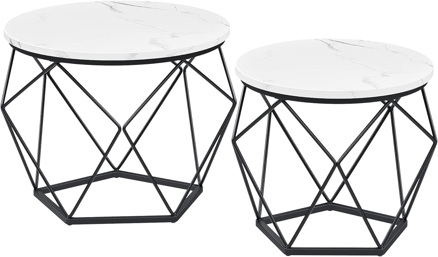 VASAGLE sofabord, rund, m. aftagelig bordplade - hvid spånplade og sort stål (sæt med 2)